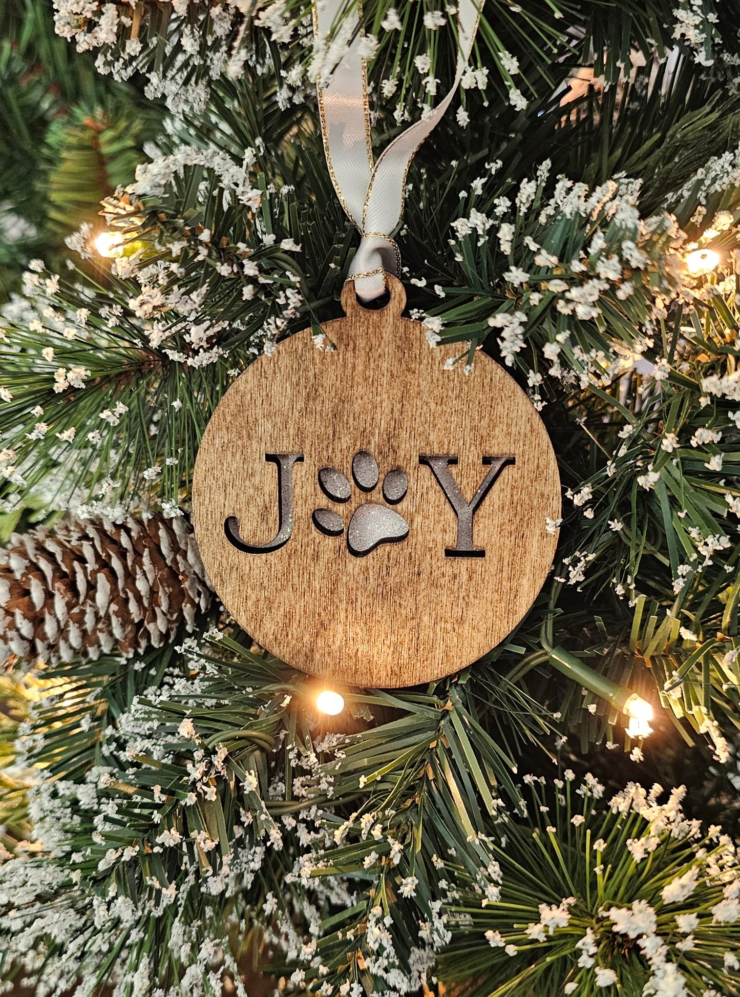 Wood/Glitter Ornaments - Joy with Dog/Cat Paw