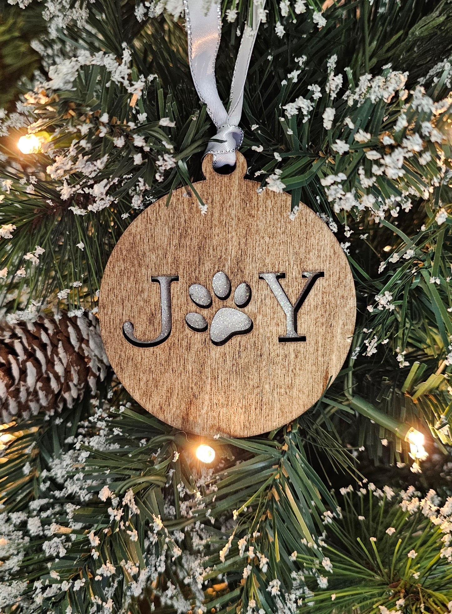 Wood/Glitter Ornaments - Joy with Dog/Cat Paw