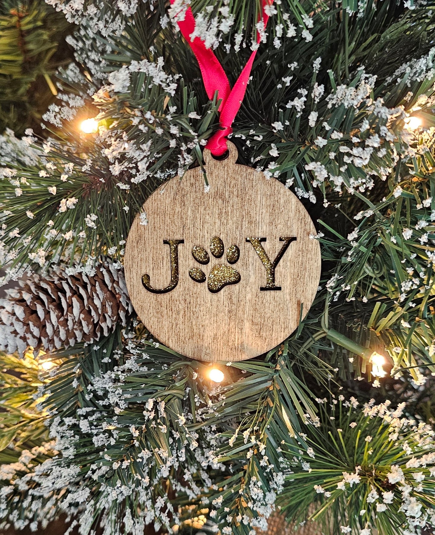Wood/Glitter Ornaments - Joy with Dog/Cat Paw