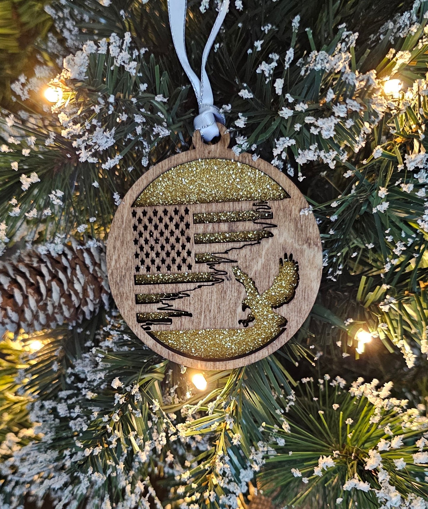 Wood/Glitter Ornaments - US Flag and Eagle