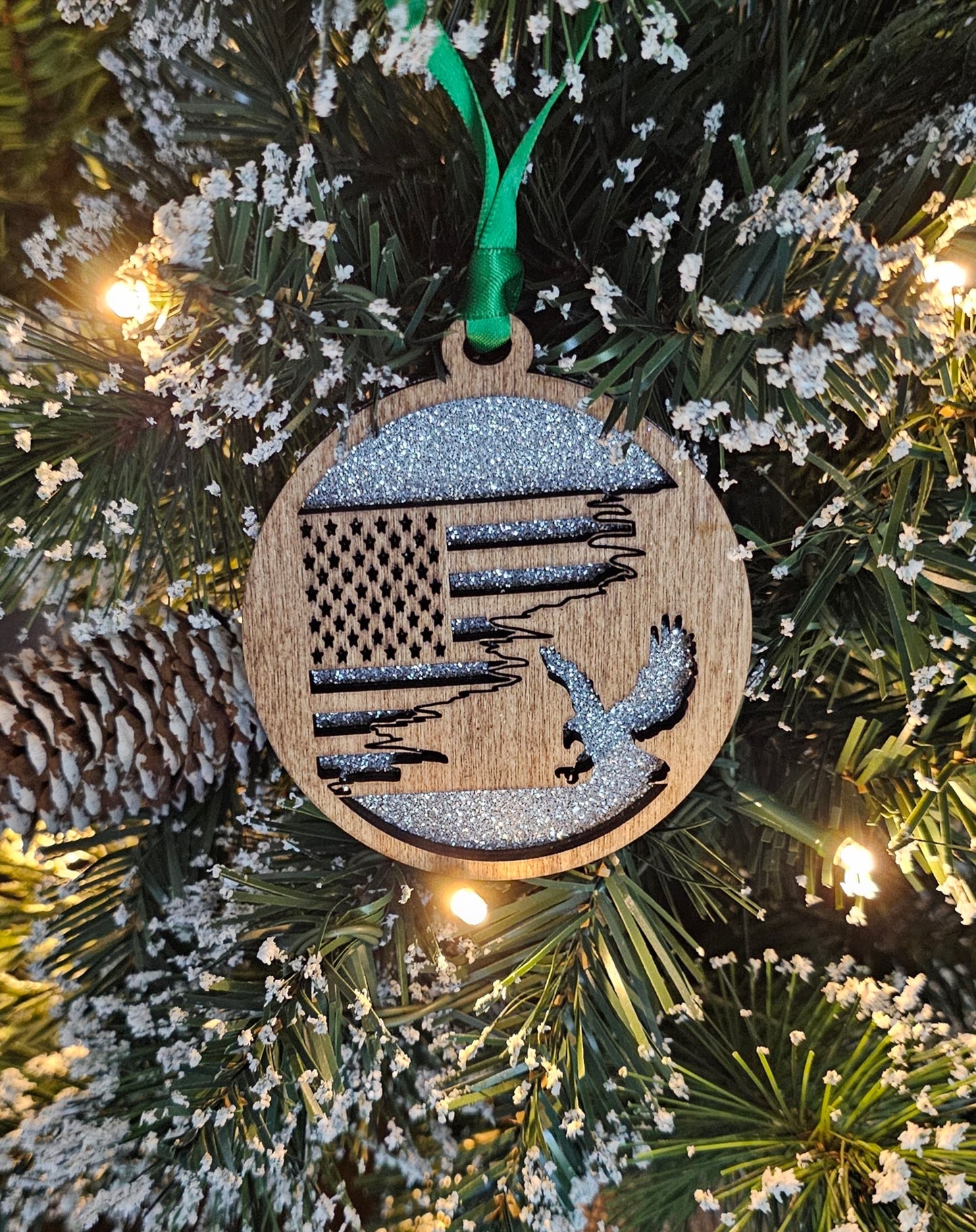 Wood/Glitter Ornaments - US Flag and Eagle