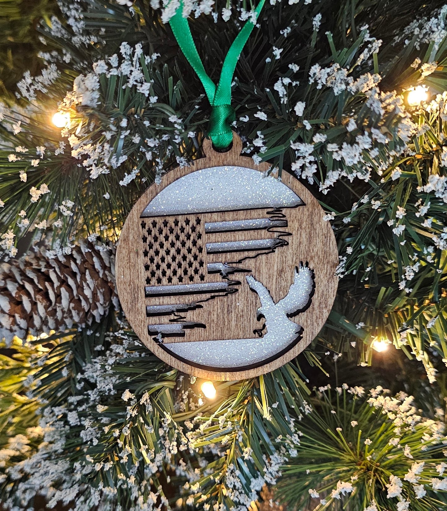 Wood/Glitter Ornaments - US Flag and Eagle
