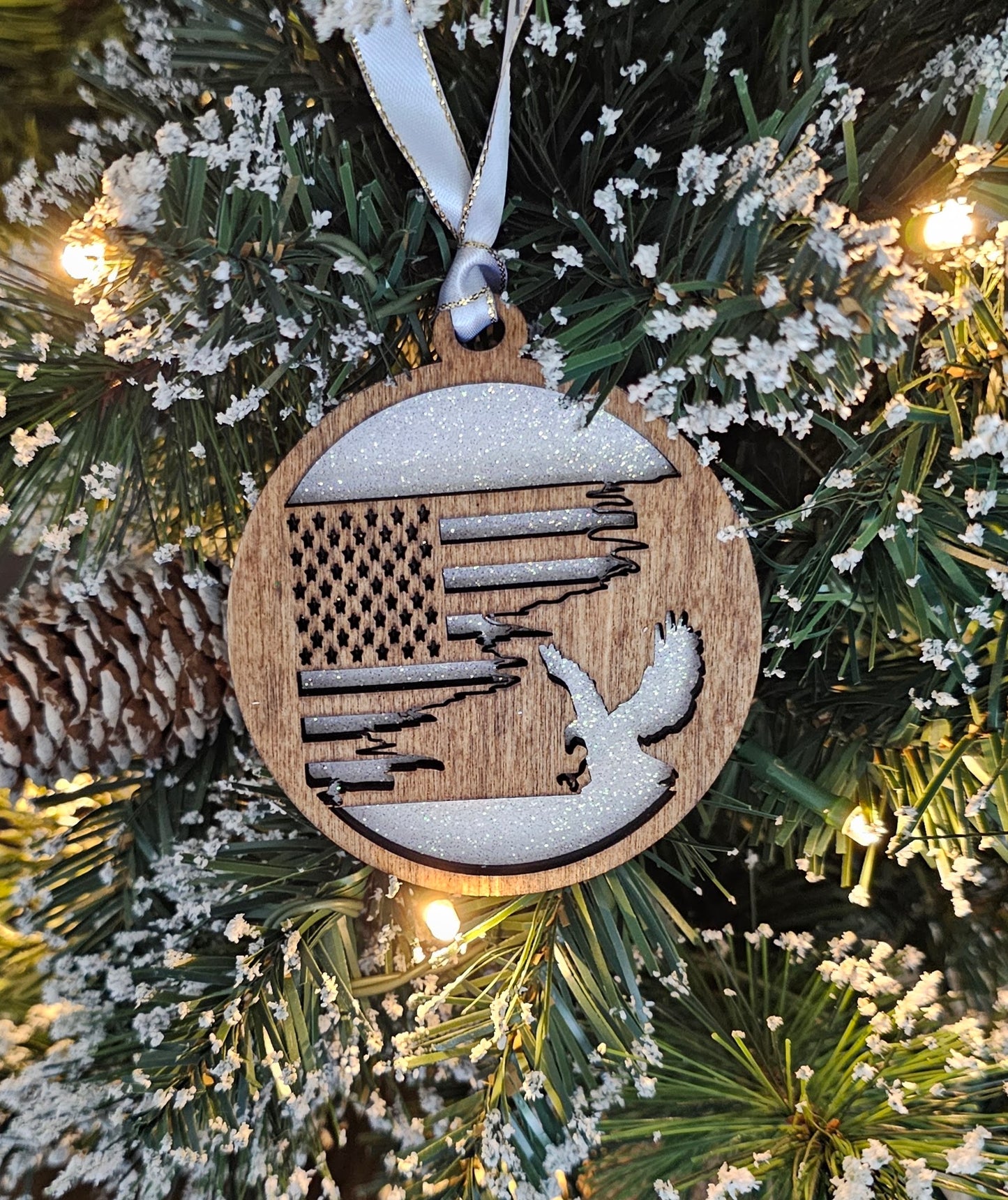 Wood/Glitter Ornaments - US Flag and Eagle