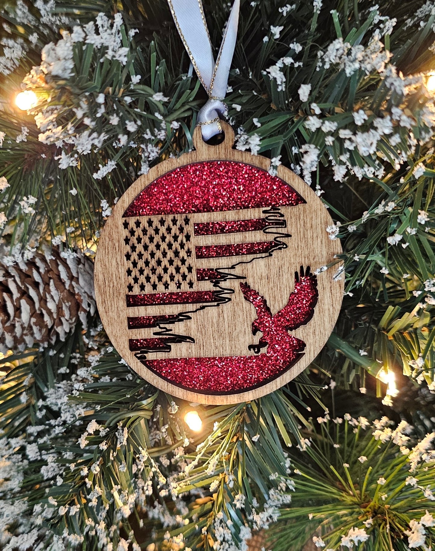 Wood/Glitter Ornaments - US Flag and Eagle