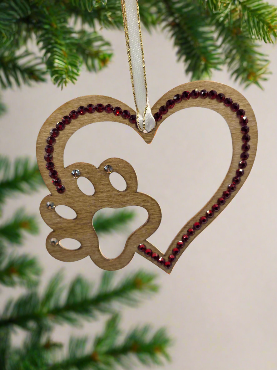 Rhinestone Heart Paw - Ornament