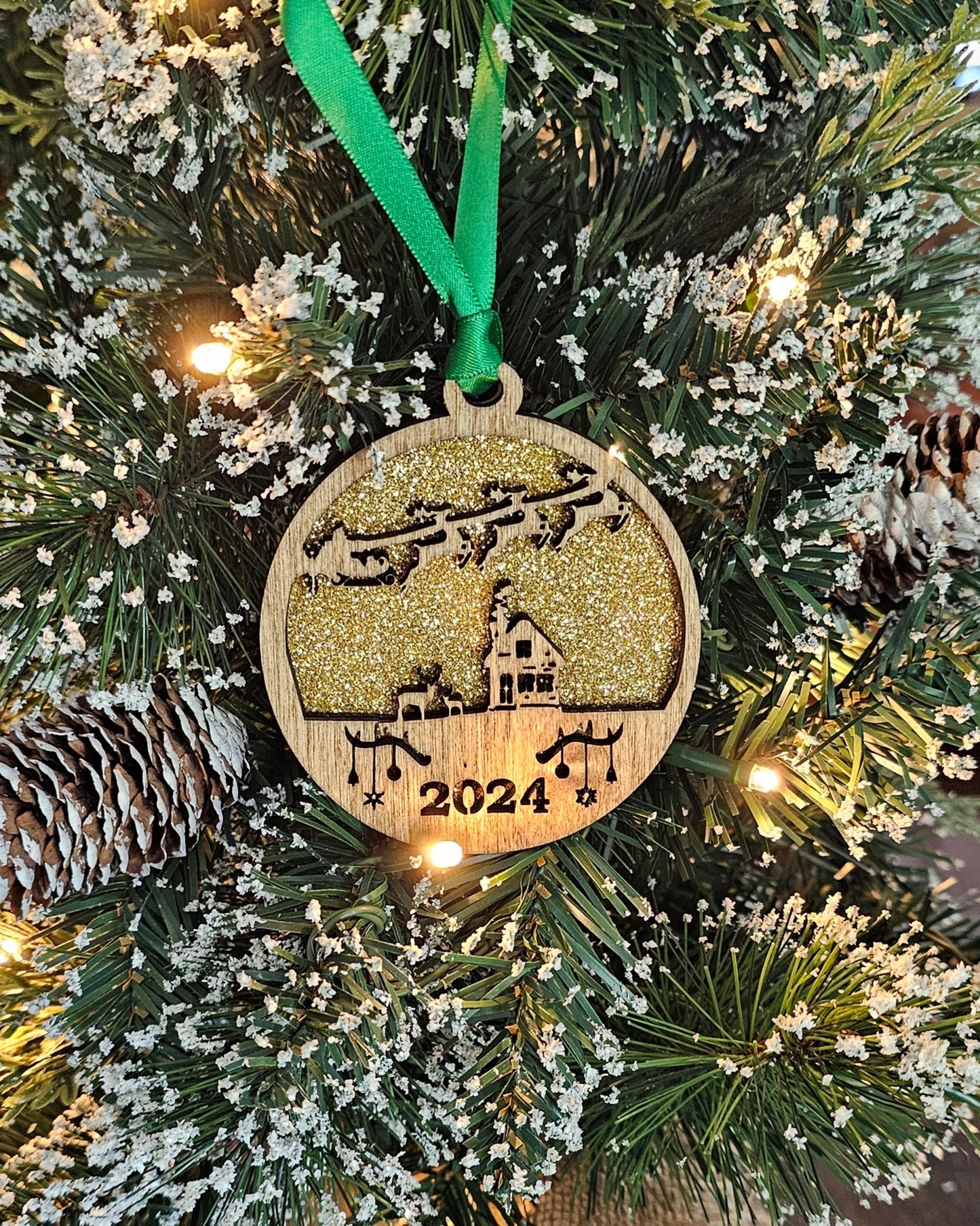 Wood/Glitter Ornaments - Santa w/ Year