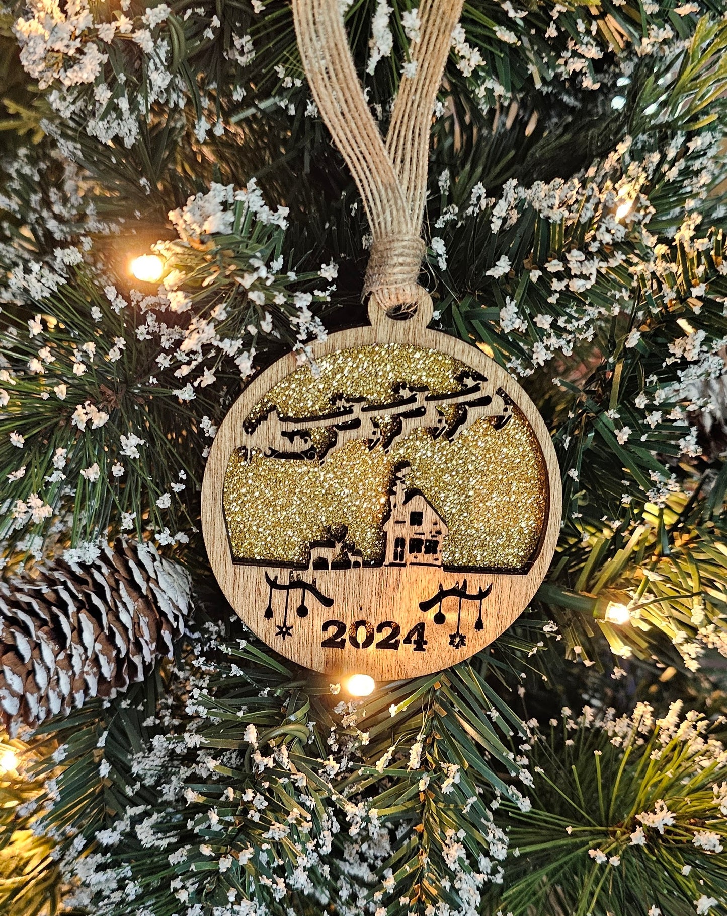 Wood/Glitter Ornaments - Santa w/ Year