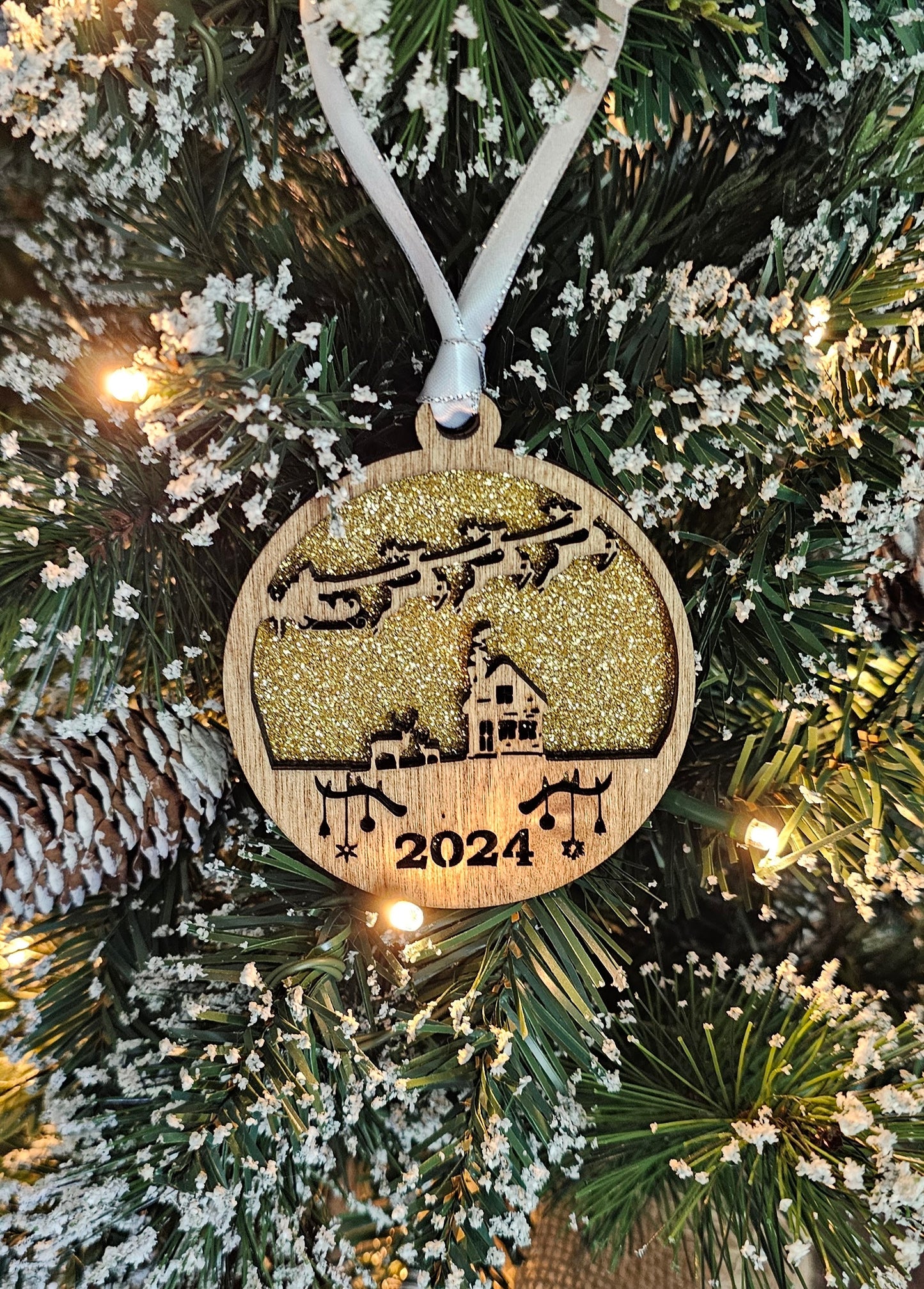 Wood/Glitter Ornaments - Santa w/ Year