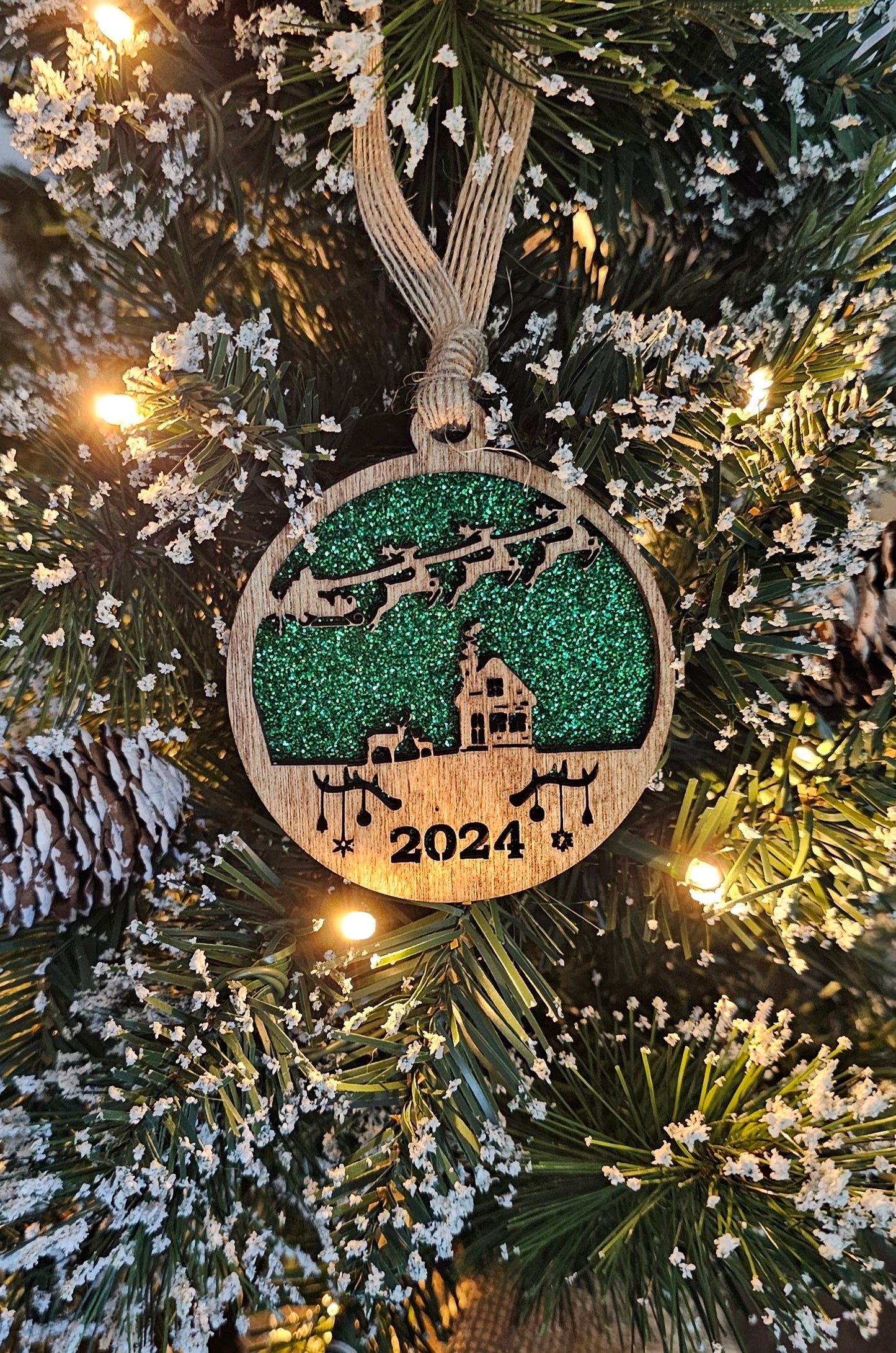 Wood/Glitter Ornaments - Santa w/ Year