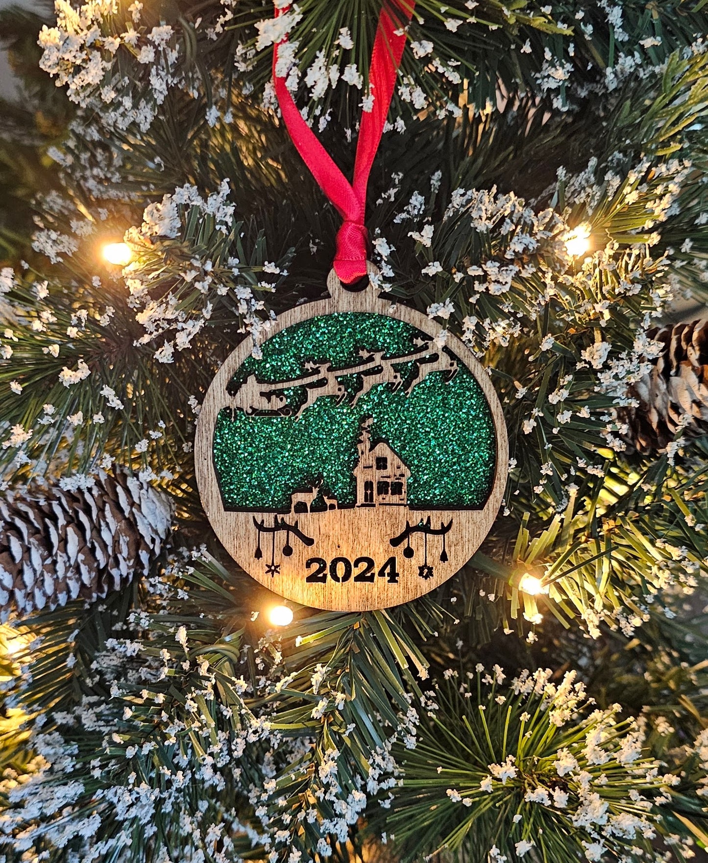 Wood/Glitter Ornaments - Santa w/ Year