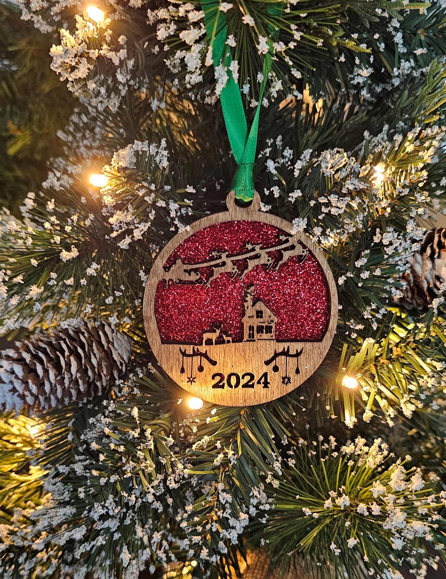 Wood/Glitter Ornaments - Santa w/ Year