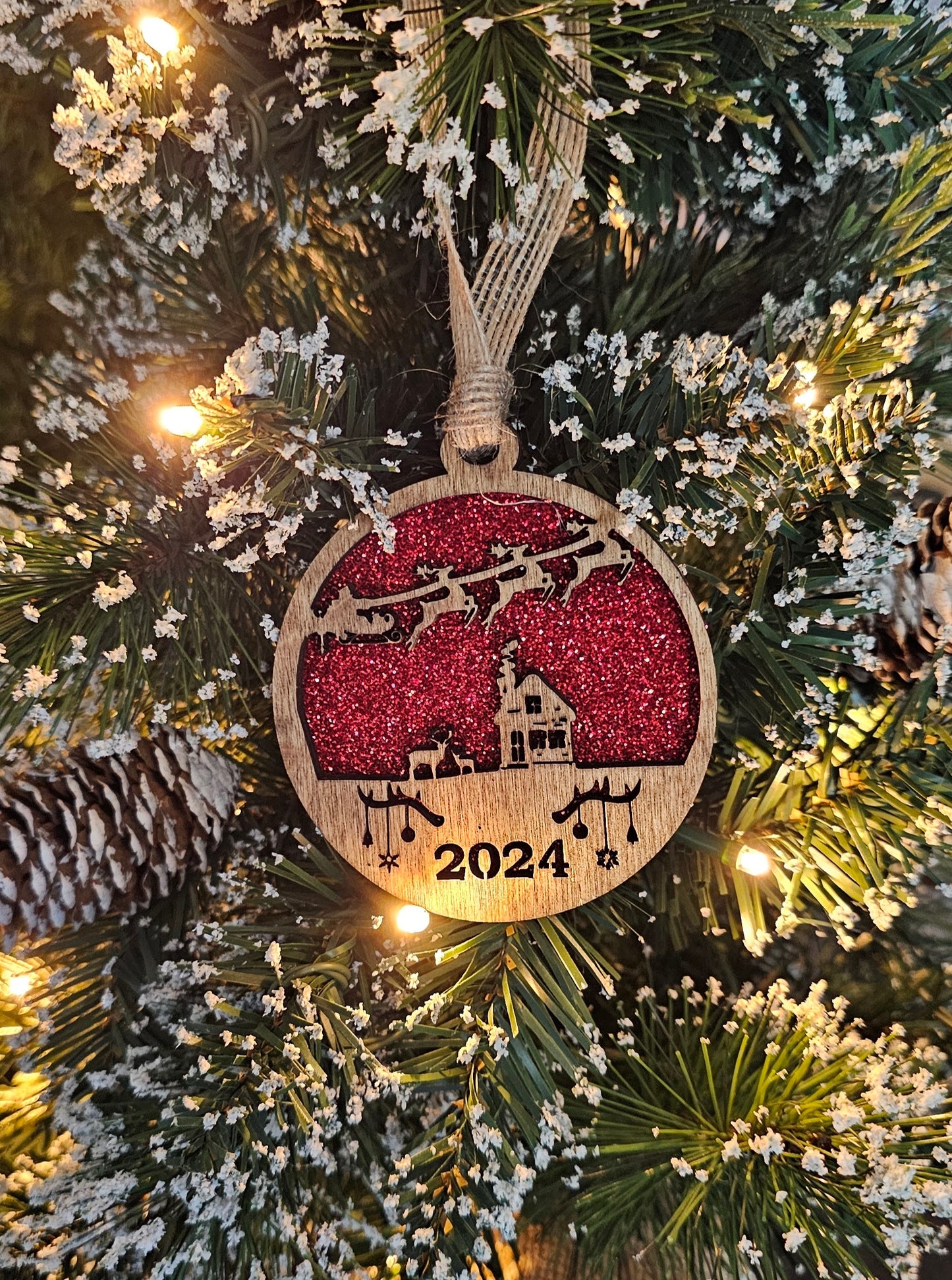 Wood/Glitter Ornaments - Santa w/ Year