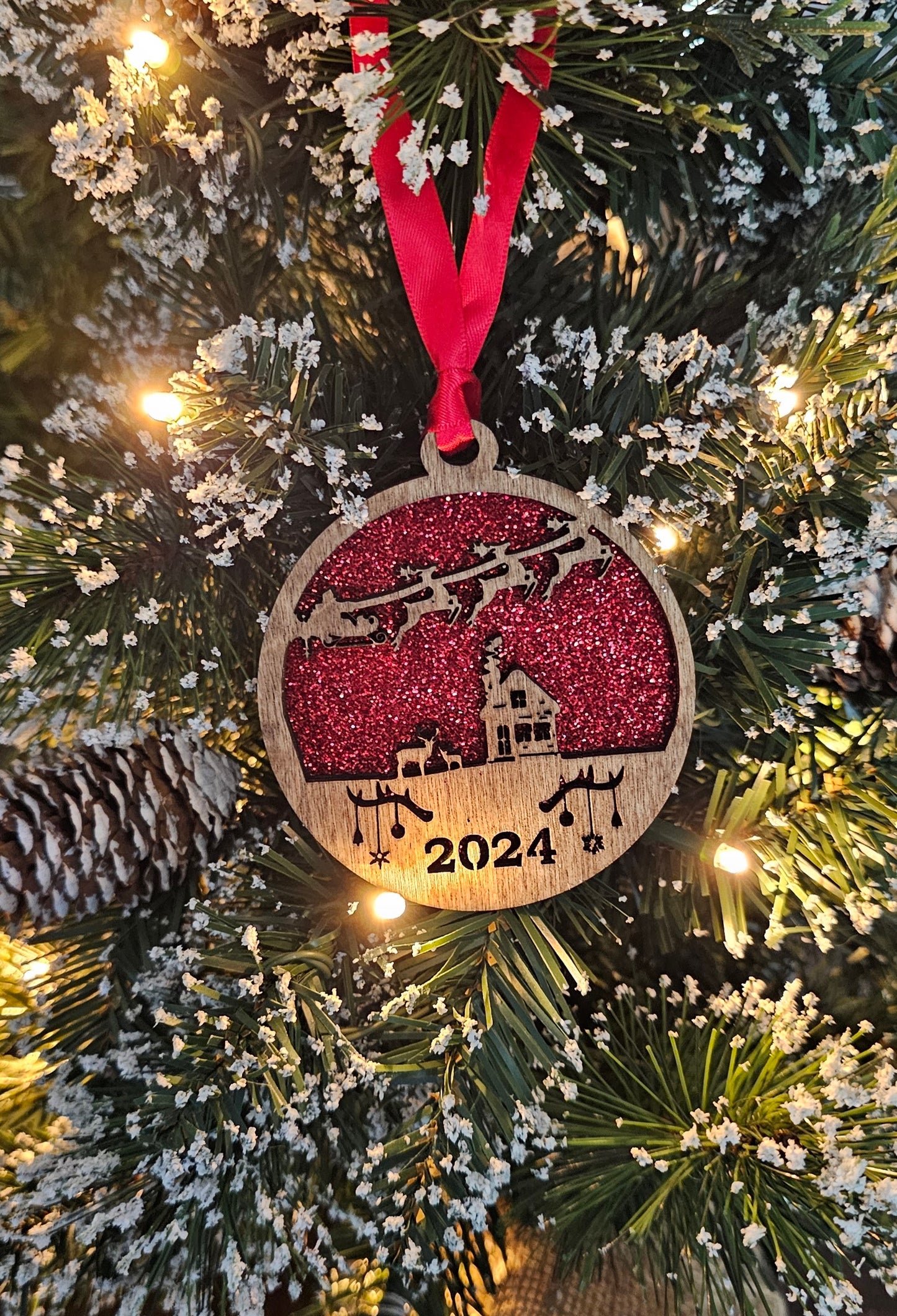 Wood/Glitter Ornaments - Santa w/ Year