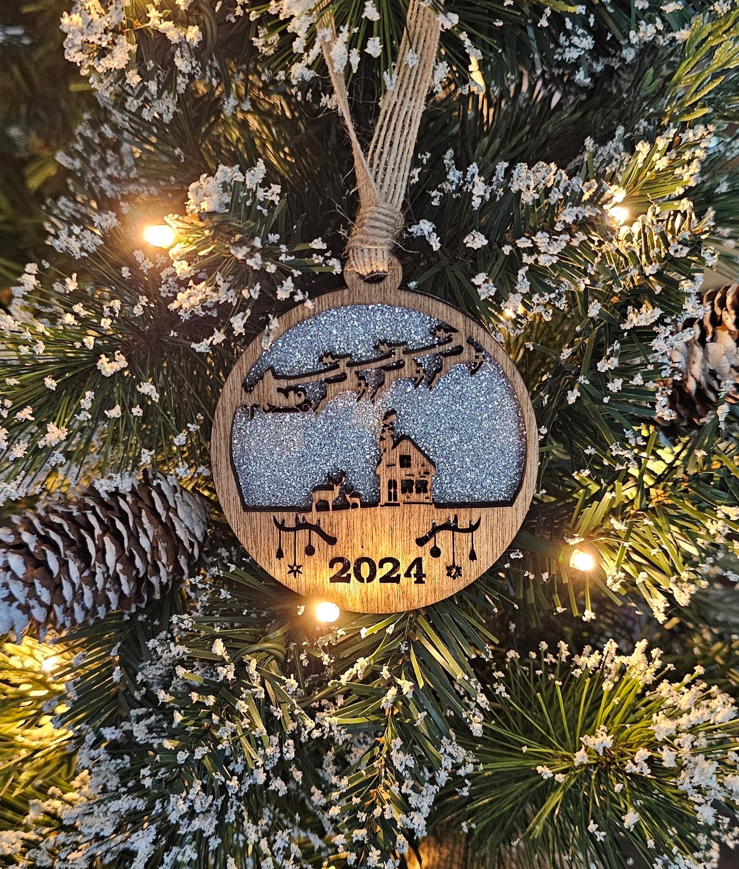 Wood/Glitter Ornaments - Santa w/ Year