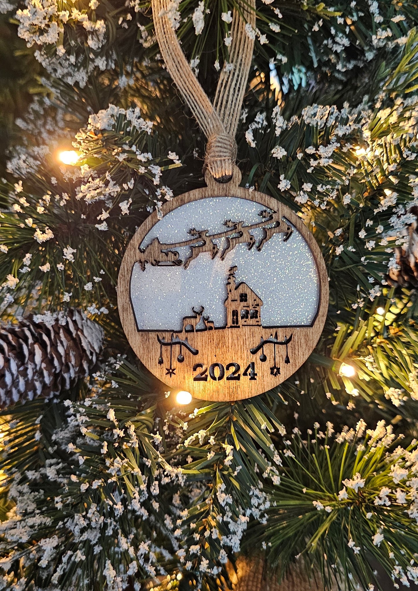 Wood/Glitter Ornaments - Santa w/ Year