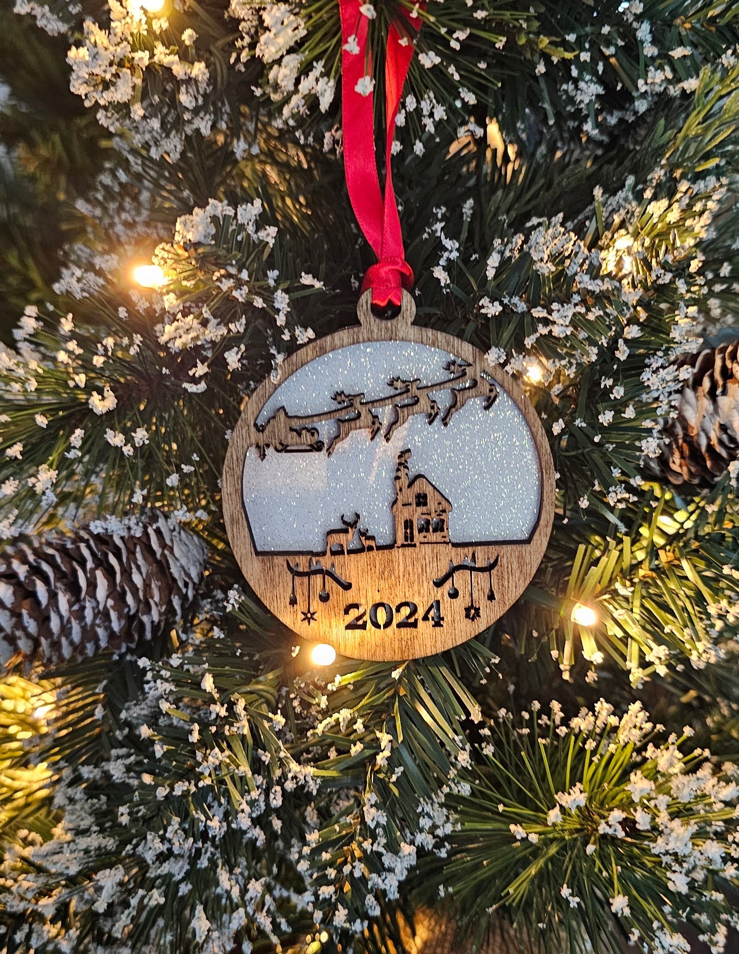 Wood/Glitter Ornaments - Santa w/ Year