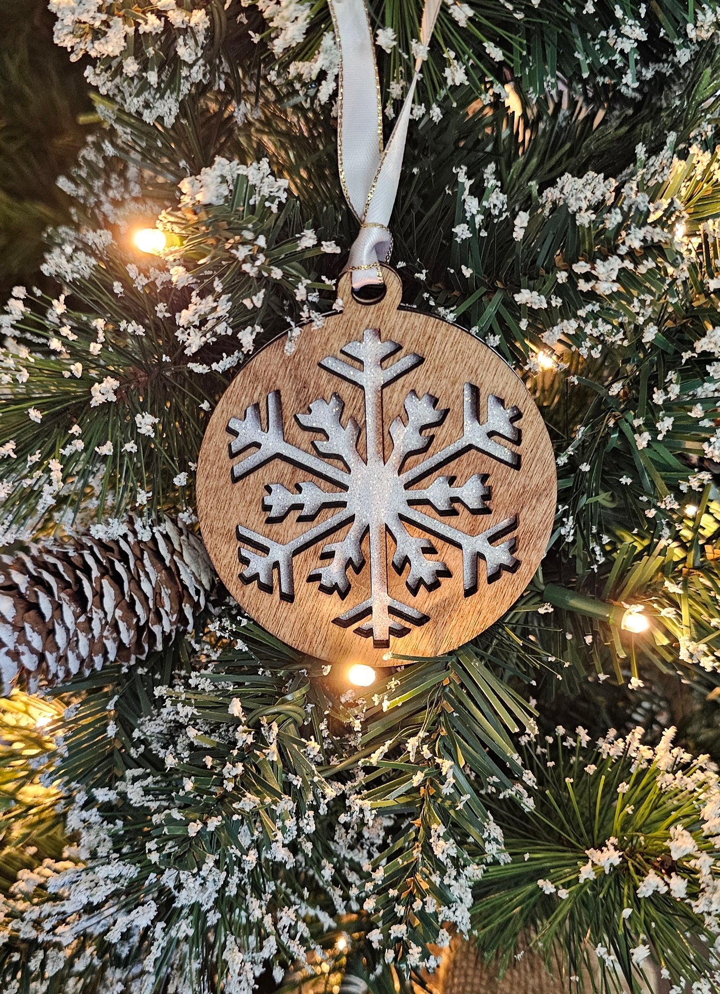 Wood/Glitter Ornaments - Snowflake