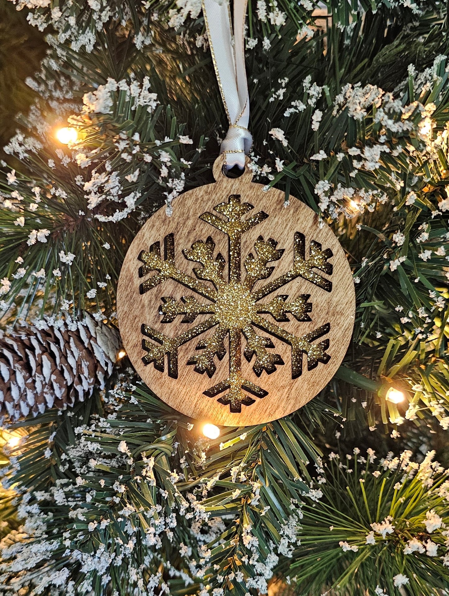 Wood/Glitter Ornaments - Snowflake