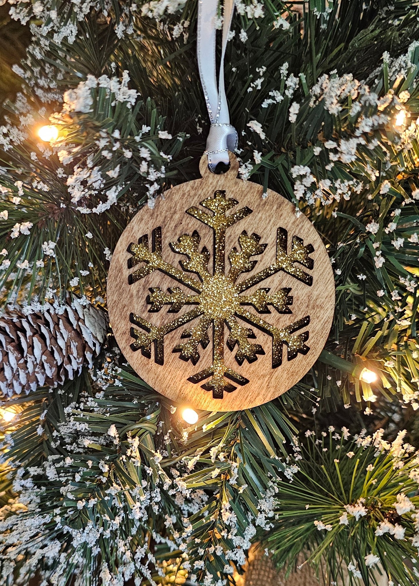 Wood/Glitter Ornaments - Snowflake