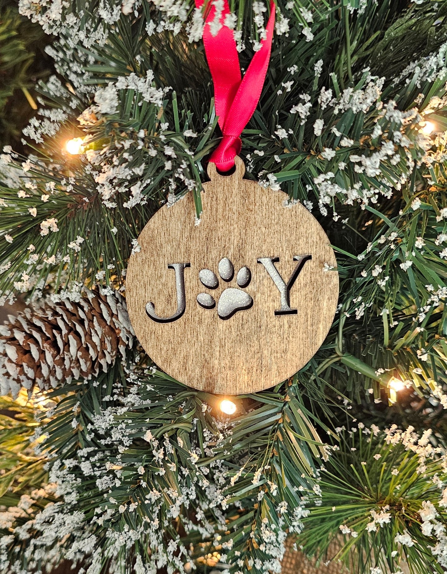 Wood/Glitter Ornaments - Joy with Dog/Cat Paw