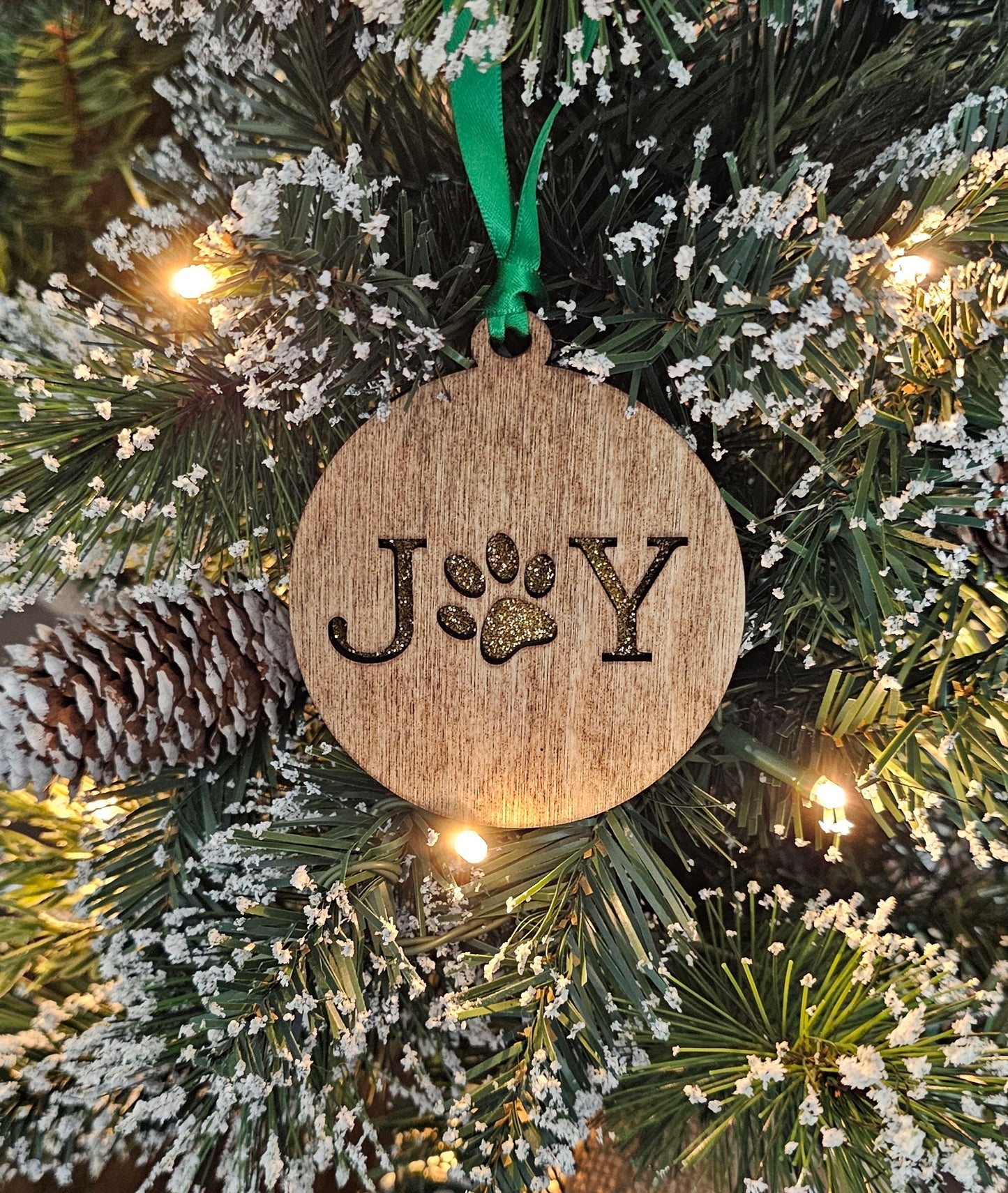 Wood/Glitter Ornaments - Joy with Dog/Cat Paw