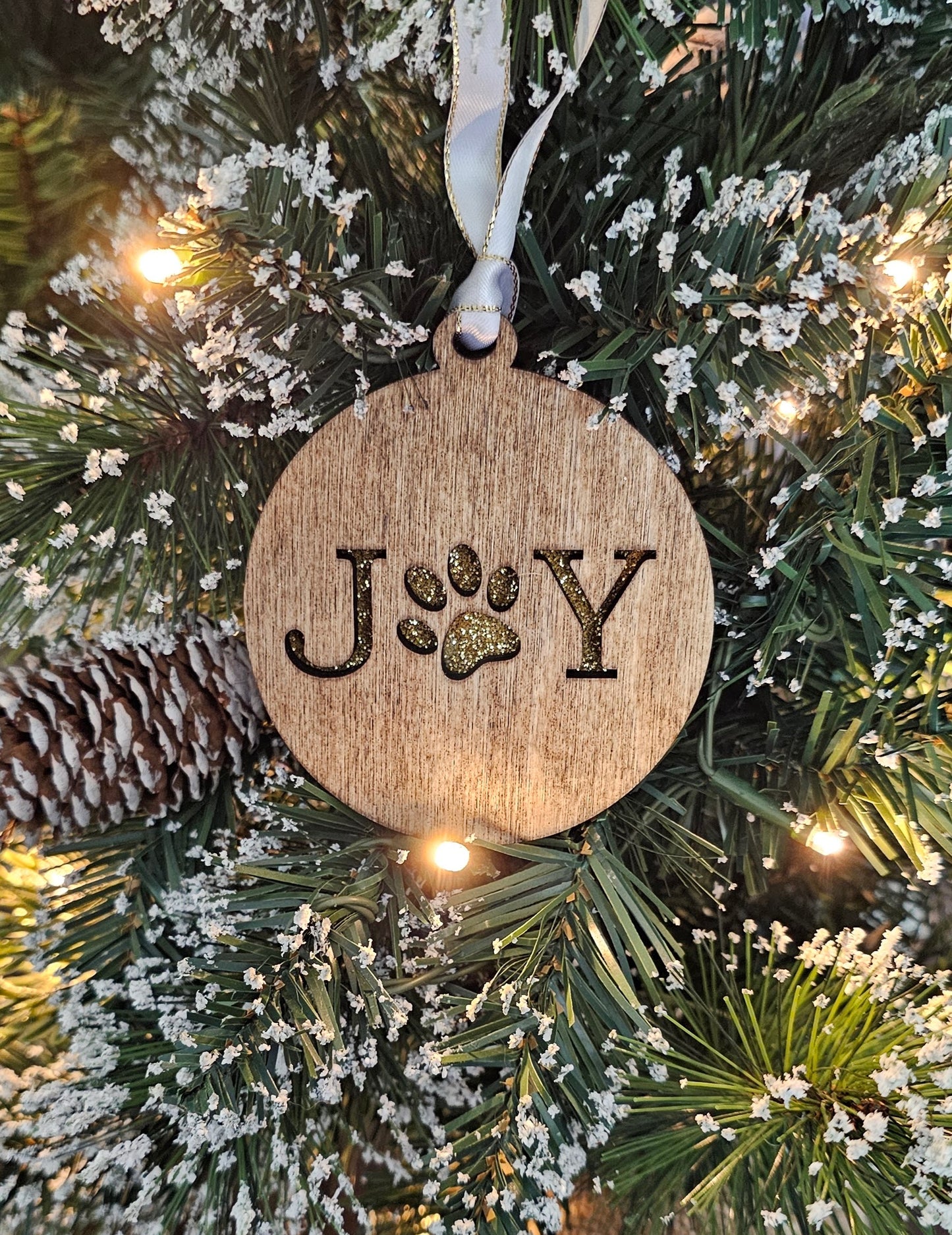 Wood/Glitter Ornaments - Joy with Dog/Cat Paw