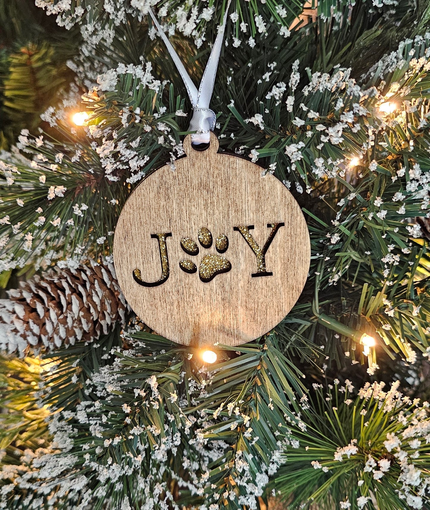 Wood/Glitter Ornaments - Joy with Dog/Cat Paw