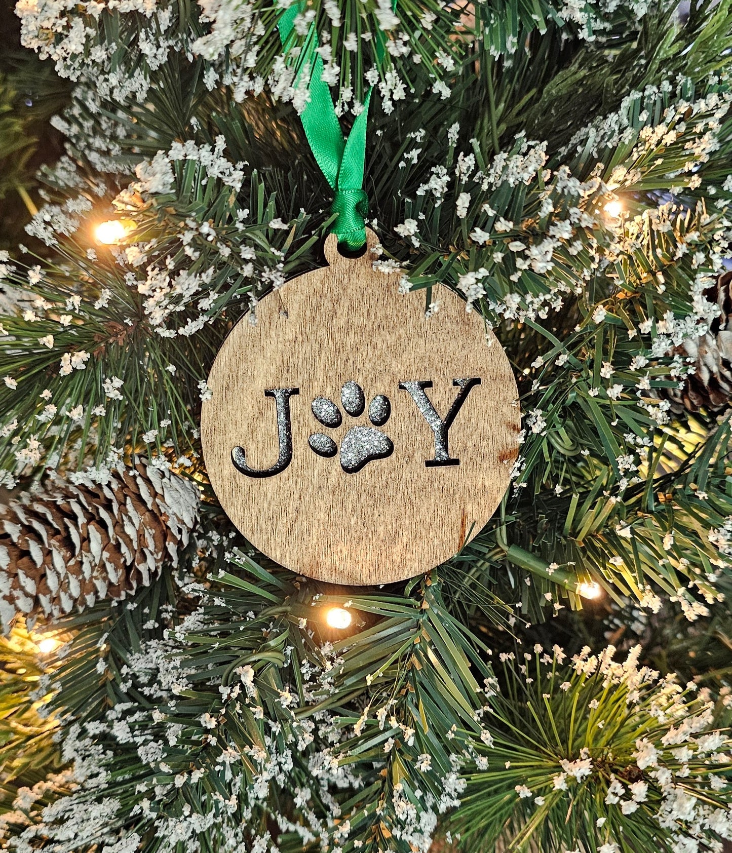 Wood/Glitter Ornaments - Joy with Dog/Cat Paw