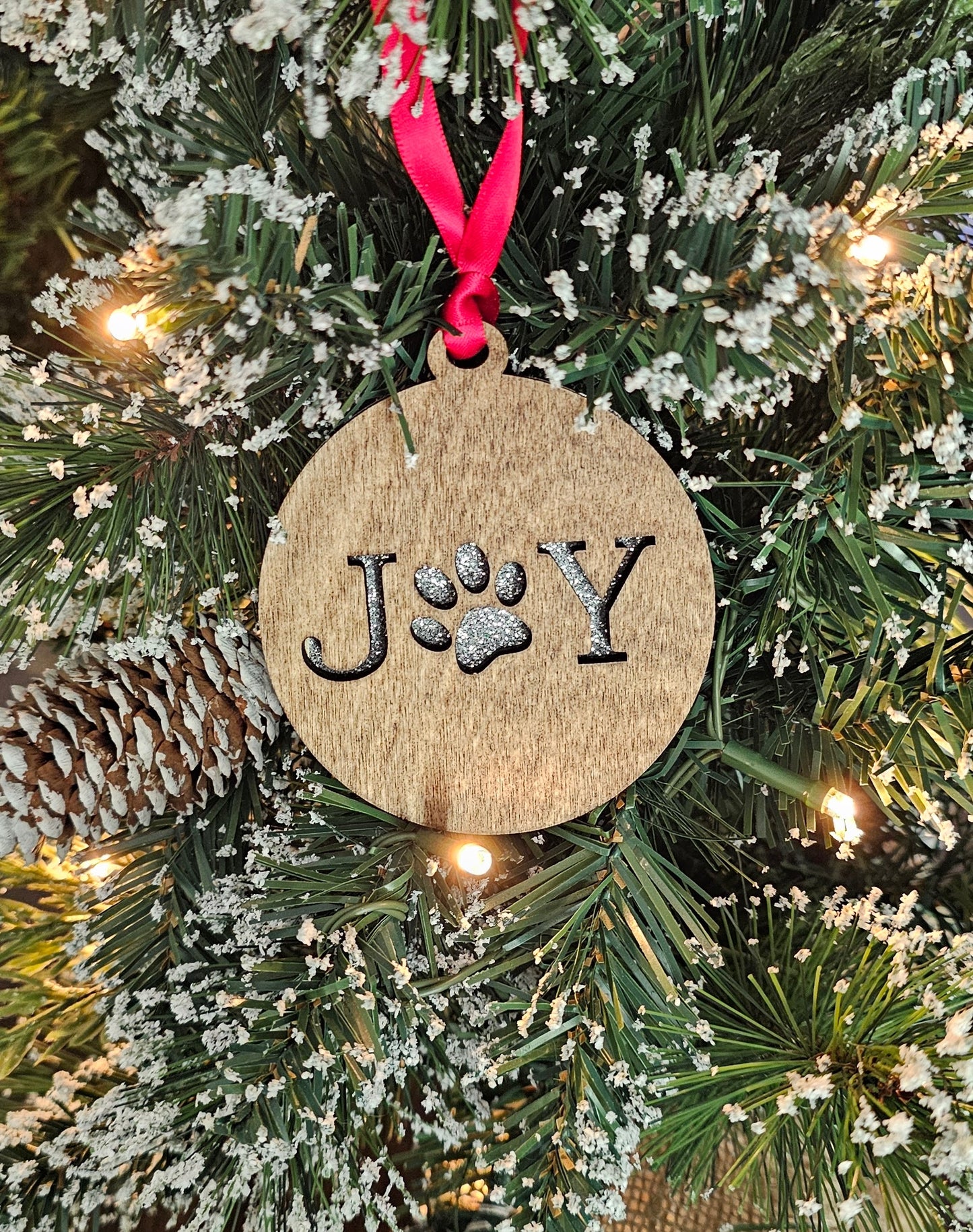 Wood/Glitter Ornaments - Joy with Dog/Cat Paw