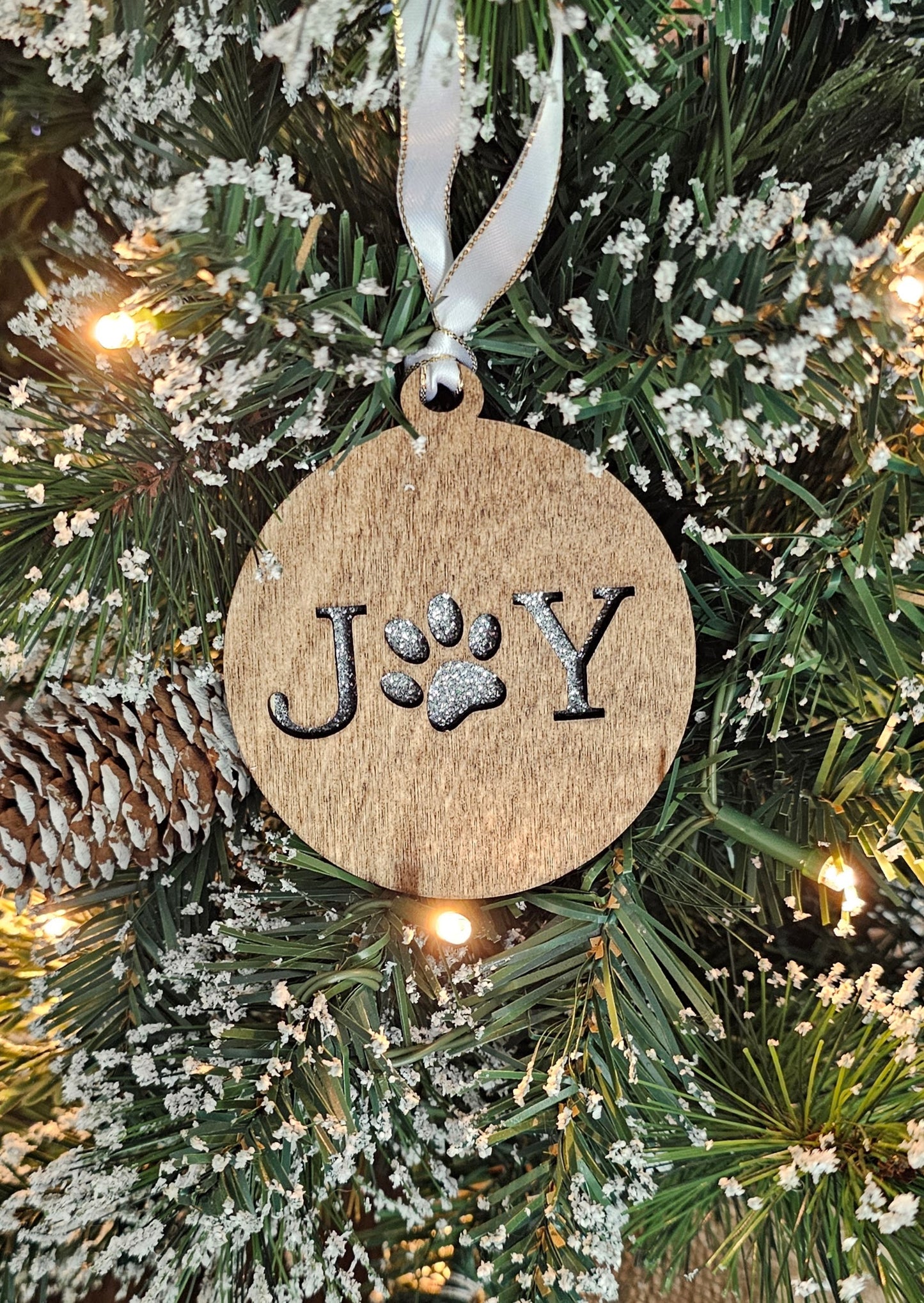 Wood/Glitter Ornaments - Joy with Dog/Cat Paw