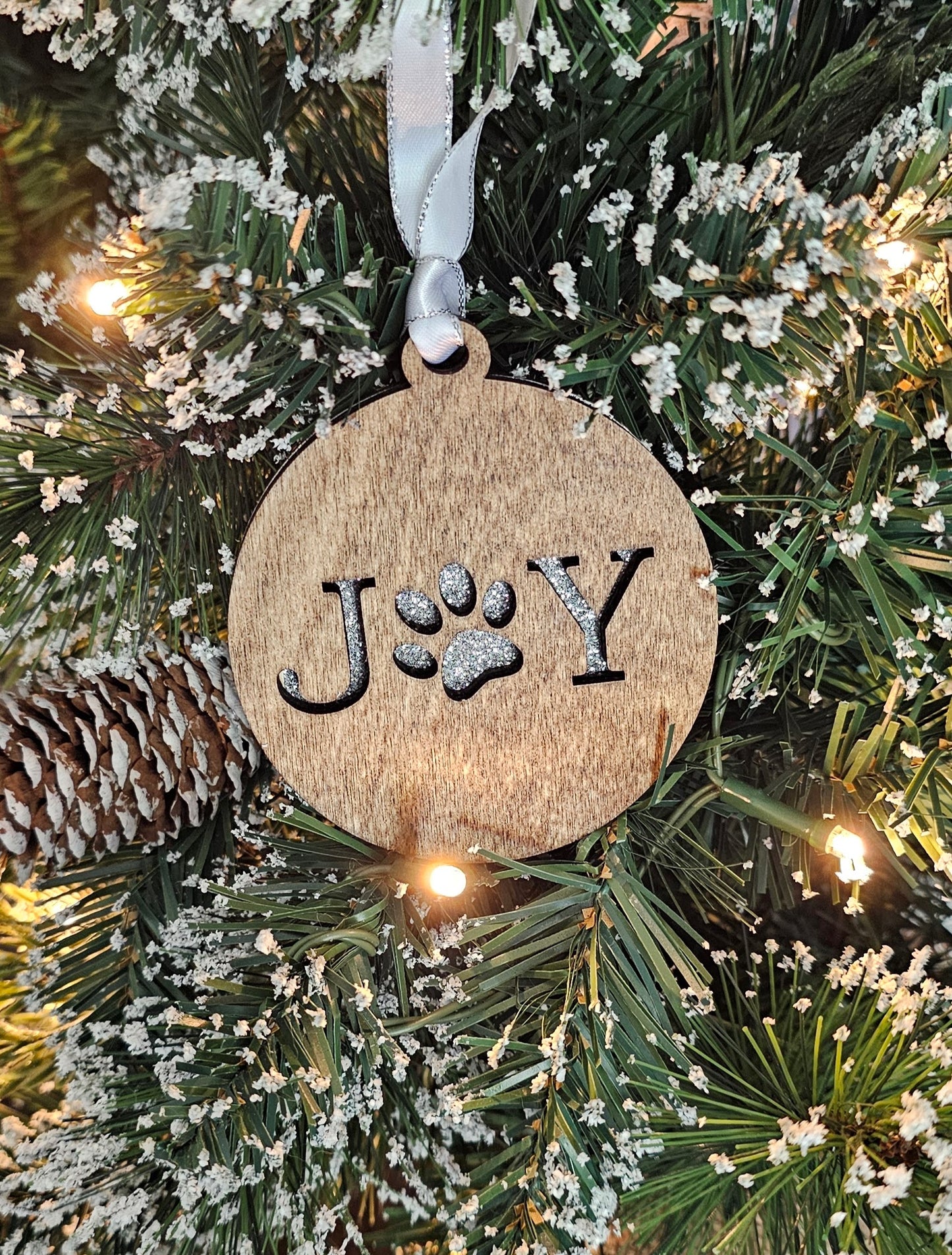 Wood/Glitter Ornaments - Joy with Dog/Cat Paw