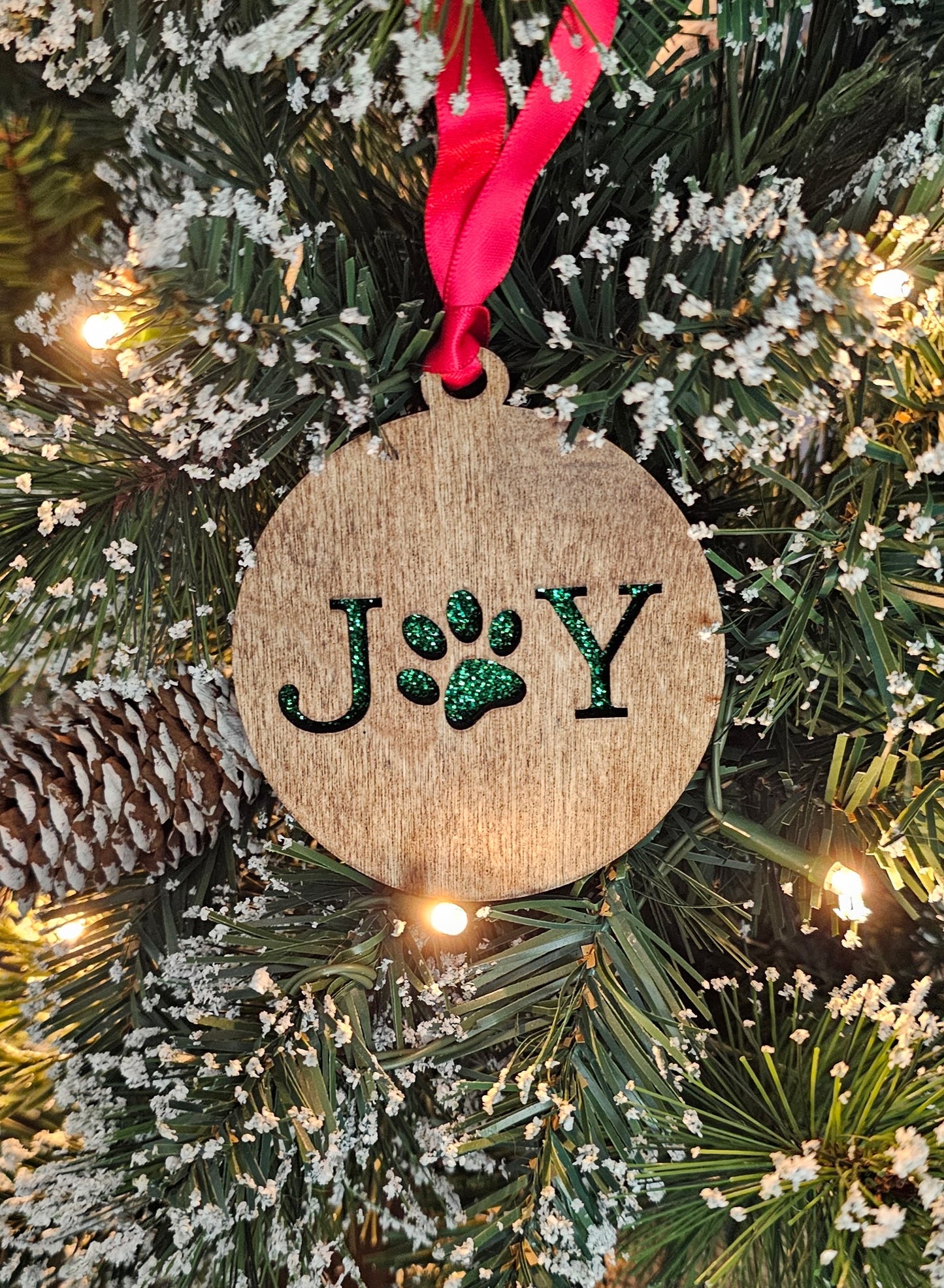 Wood/Glitter Ornaments - Joy with Dog/Cat Paw