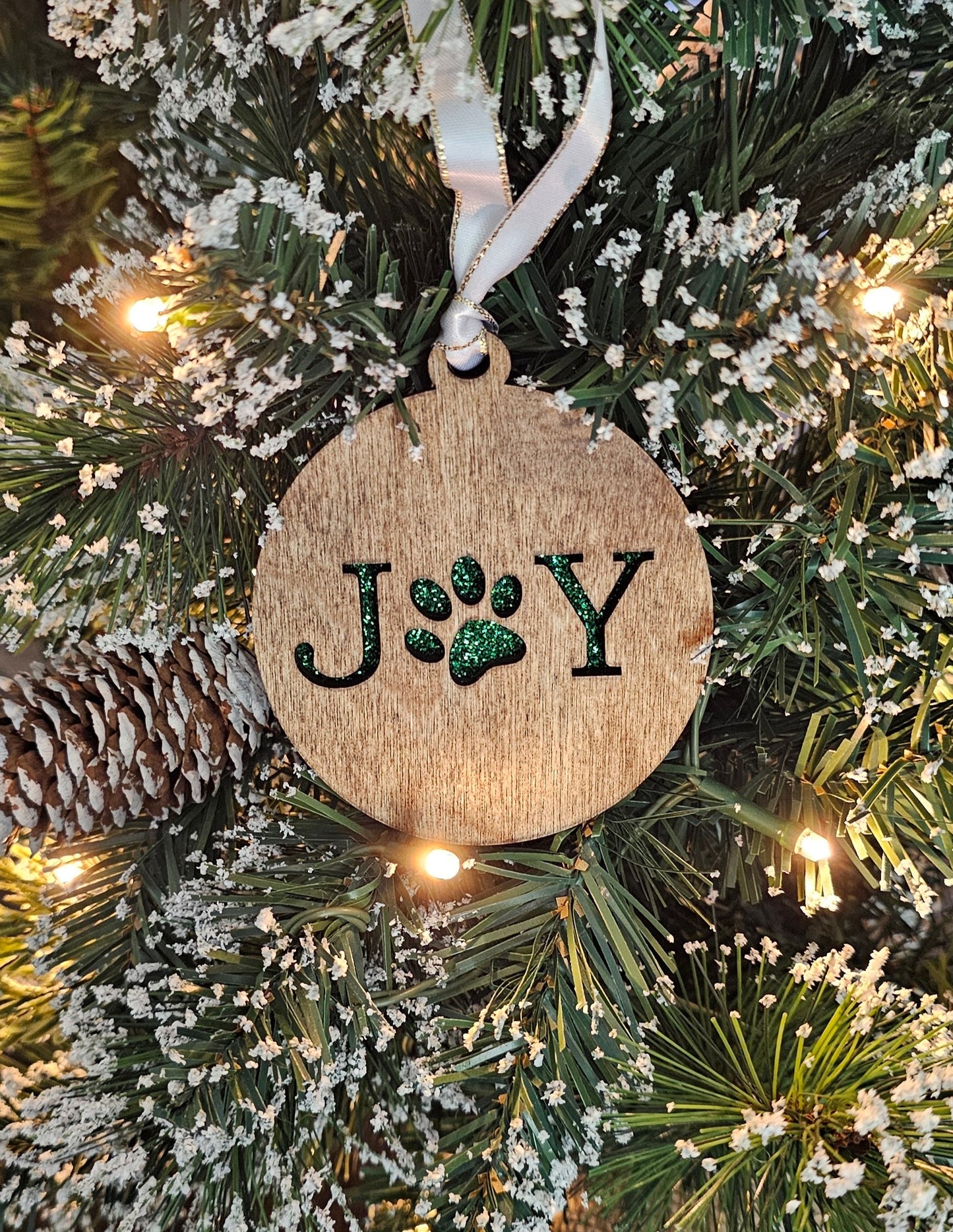 Wood/Glitter Ornaments - Joy with Dog/Cat Paw