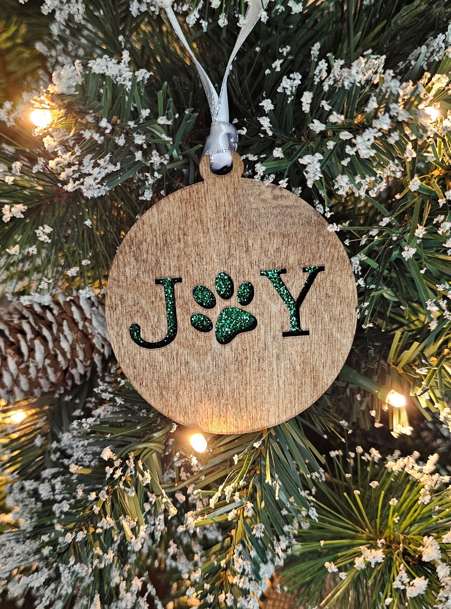 Wood/Glitter Ornaments - Joy with Dog/Cat Paw