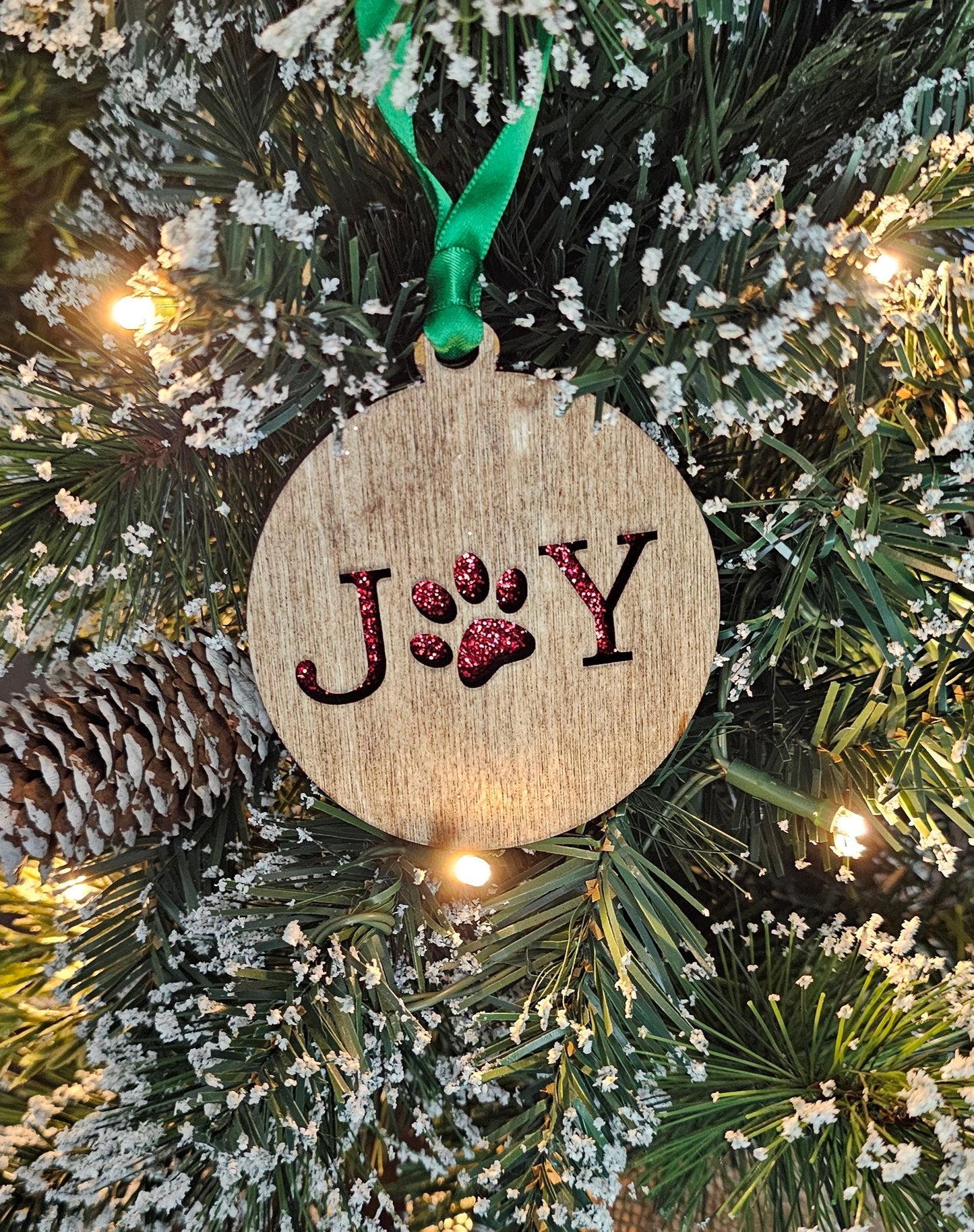 Wood/Glitter Ornaments - Joy with Dog/Cat Paw