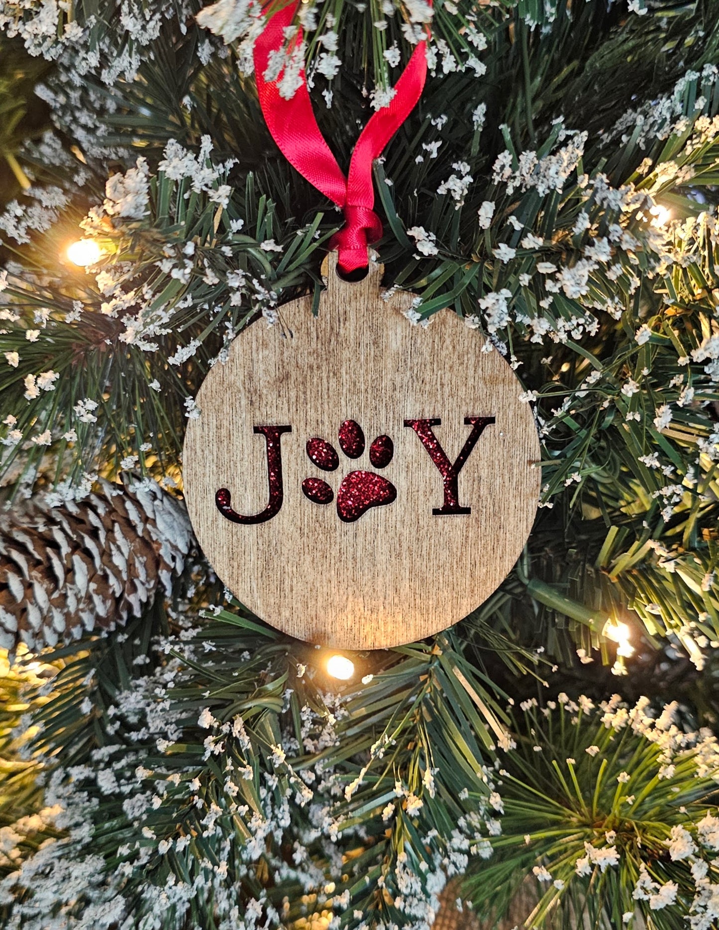 Wood/Glitter Ornaments - Joy with Dog/Cat Paw