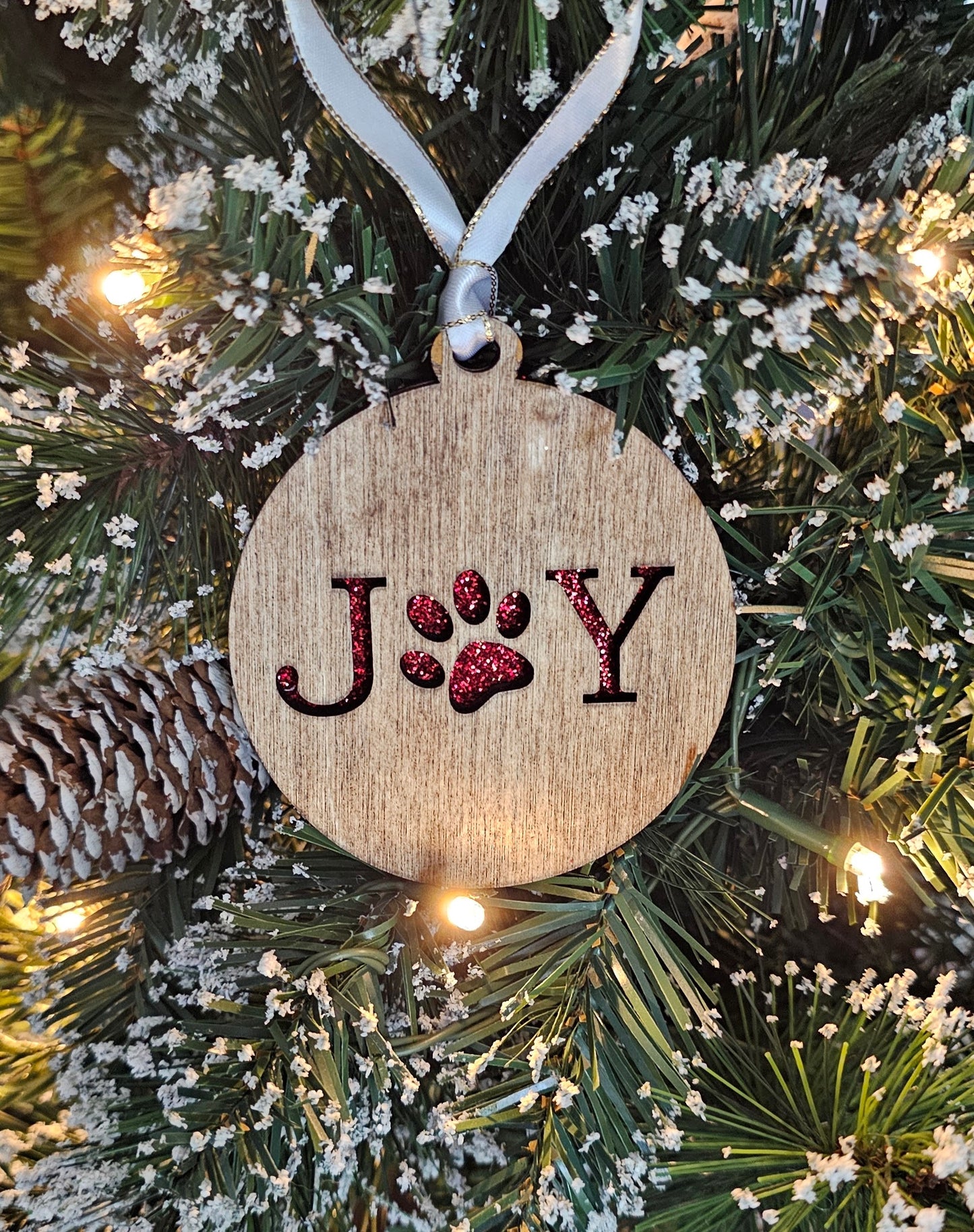 Wood/Glitter Ornaments - Joy with Dog/Cat Paw