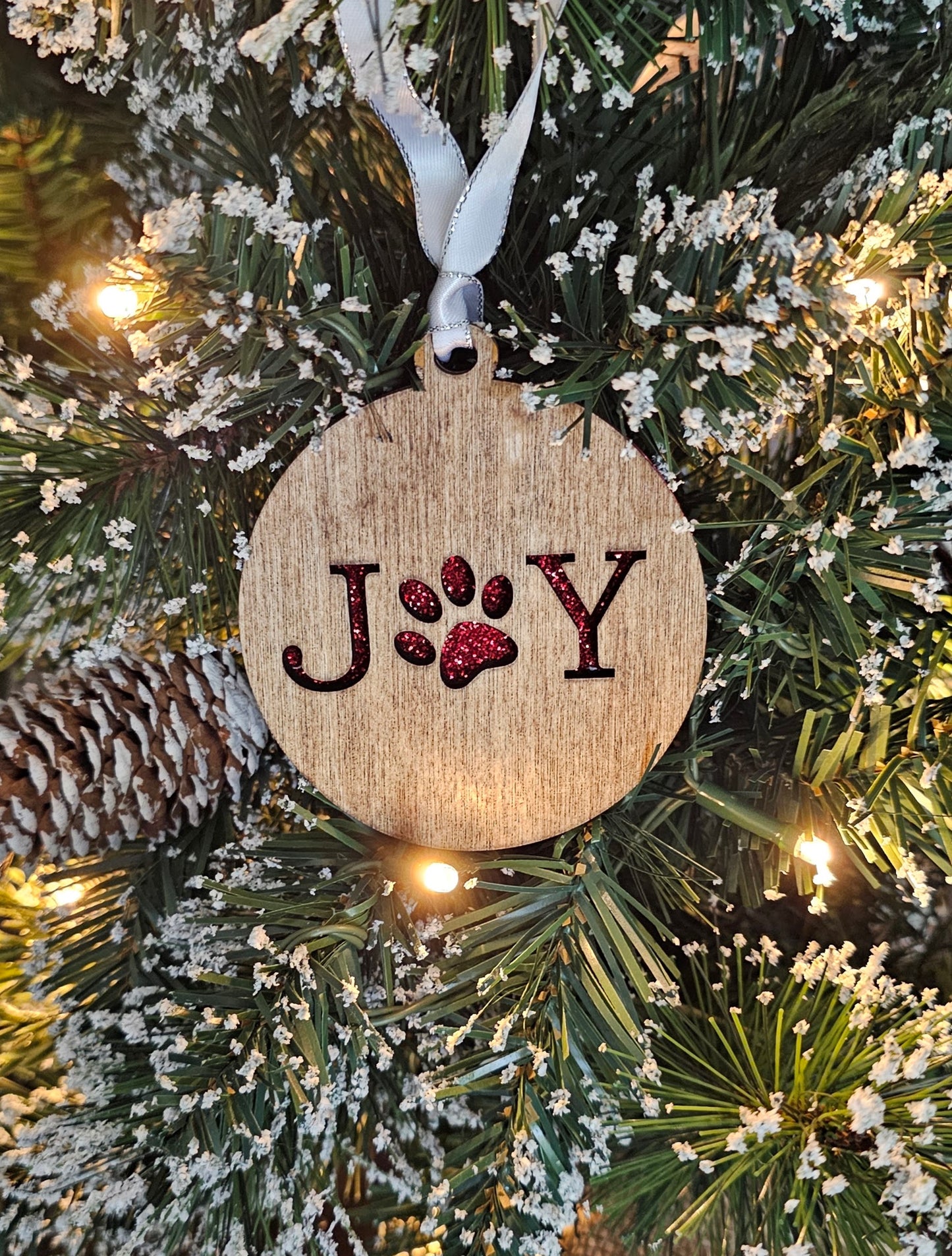 Wood/Glitter Ornaments - Joy with Dog/Cat Paw