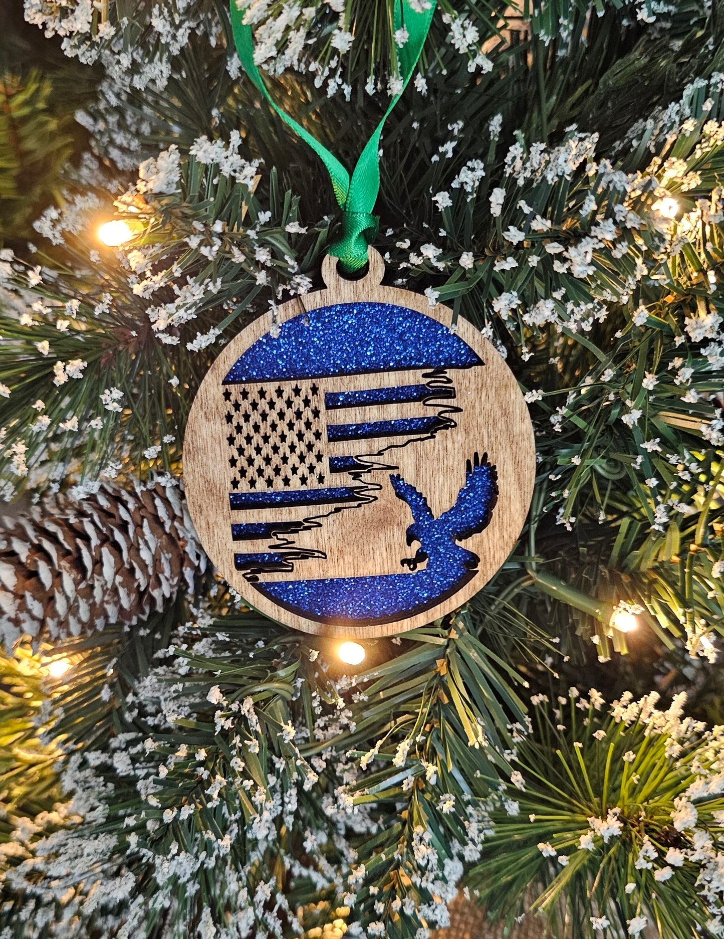 Wood/Glitter Ornaments - US Flag and Eagle