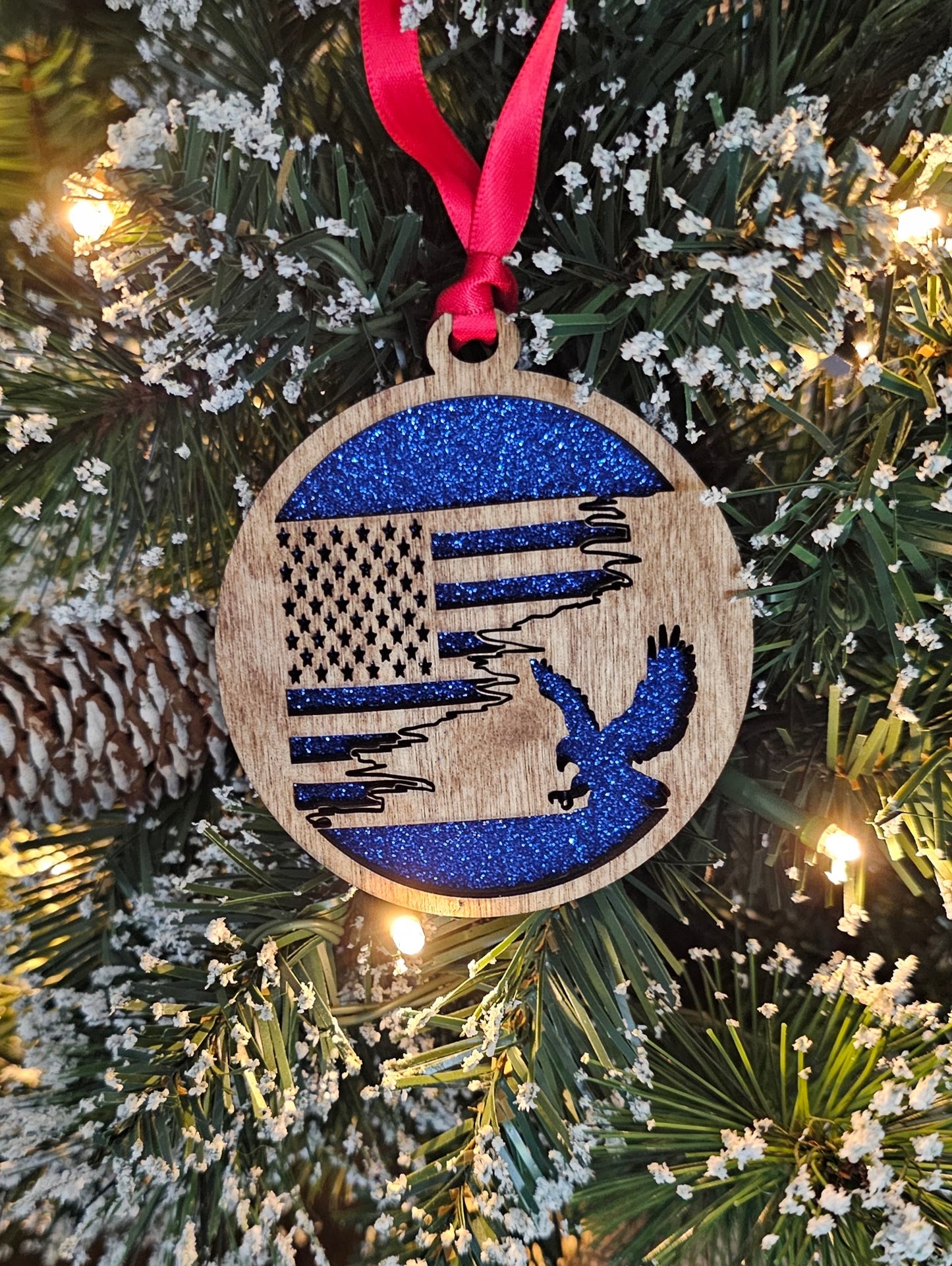 Wood/Glitter Ornaments - US Flag and Eagle