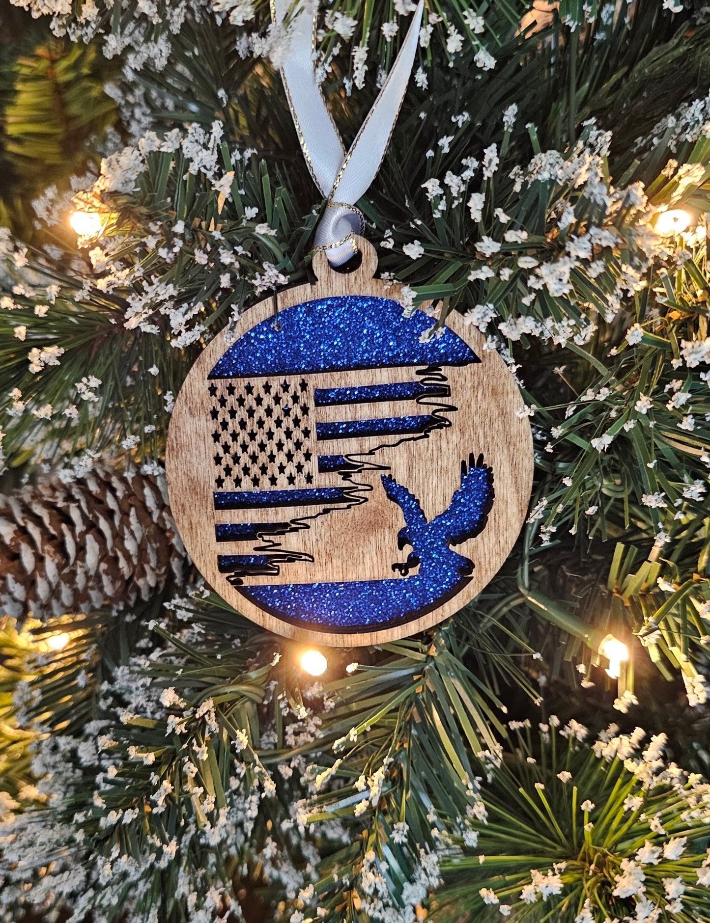 Wood/Glitter Ornaments - US Flag and Eagle