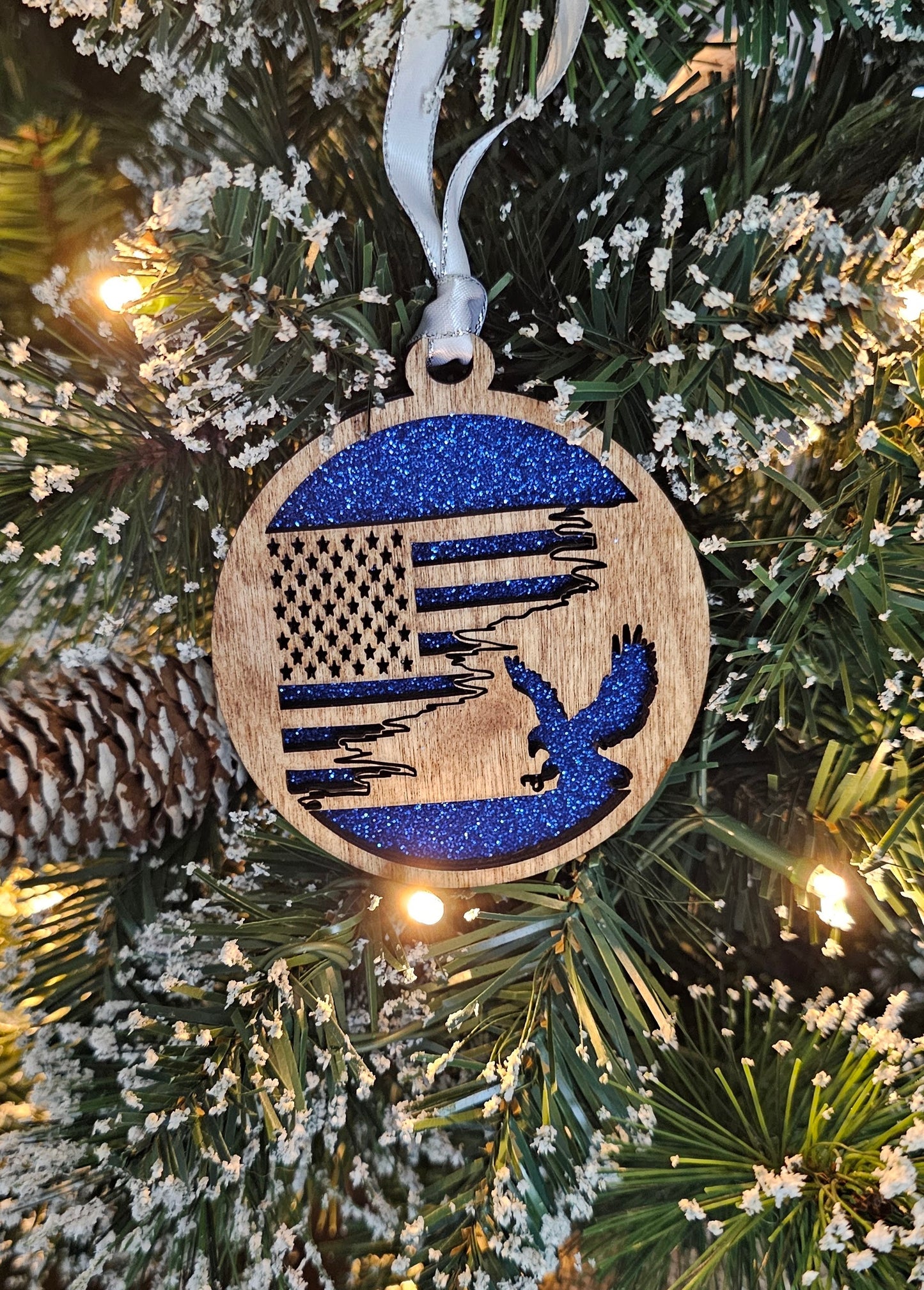 Wood/Glitter Ornaments - US Flag and Eagle