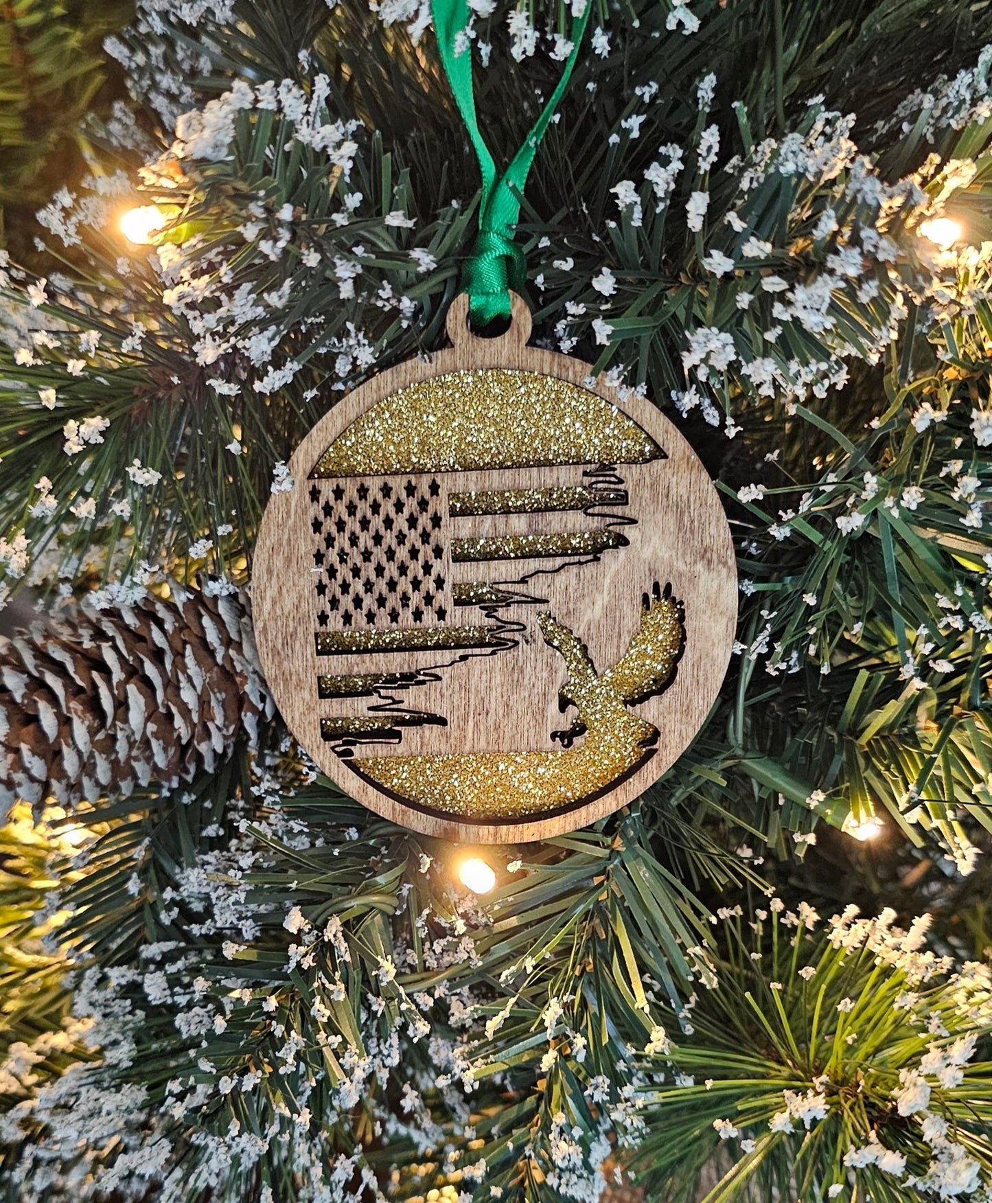 Wood/Glitter Ornaments - US Flag and Eagle