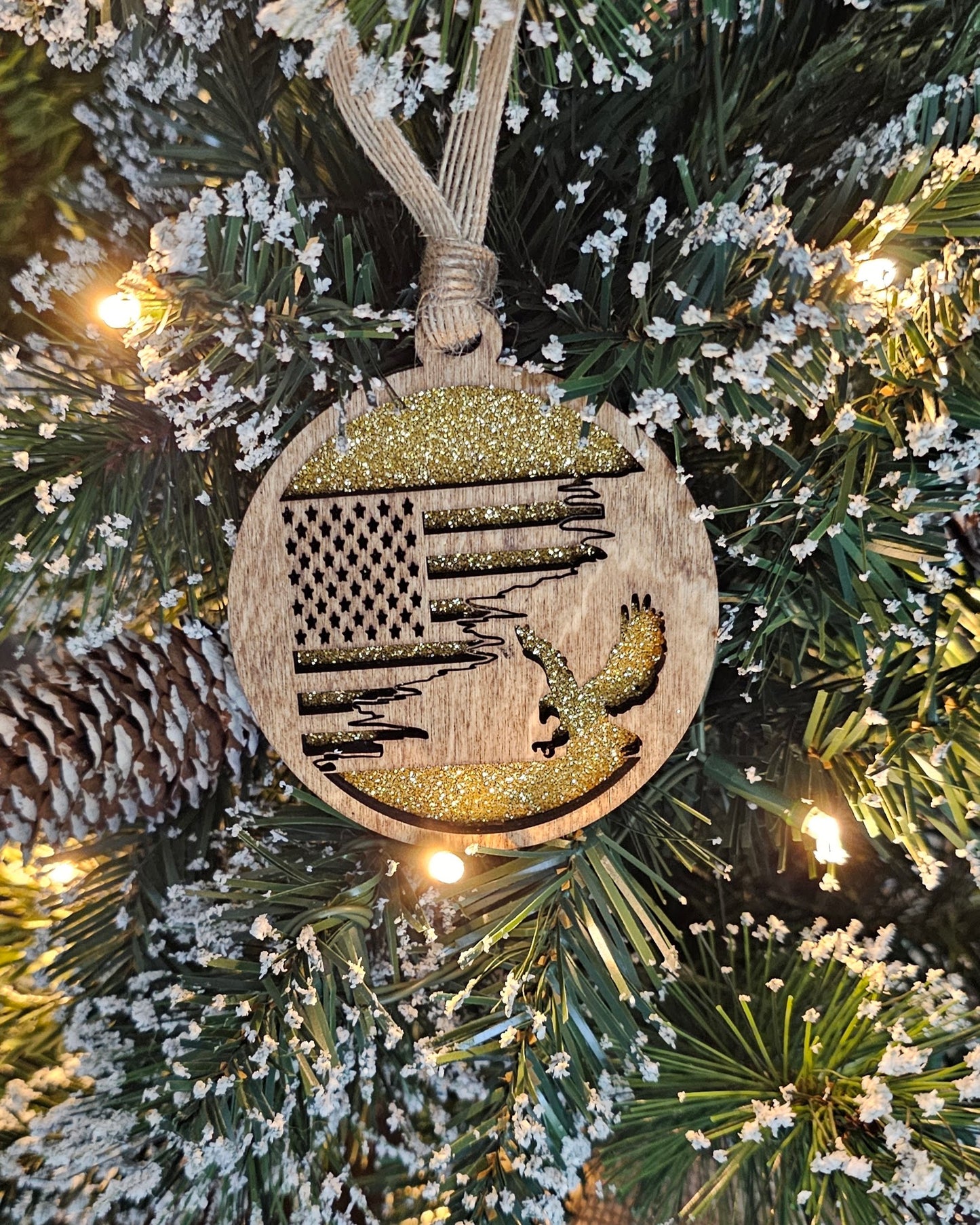 Wood/Glitter Ornaments - US Flag and Eagle