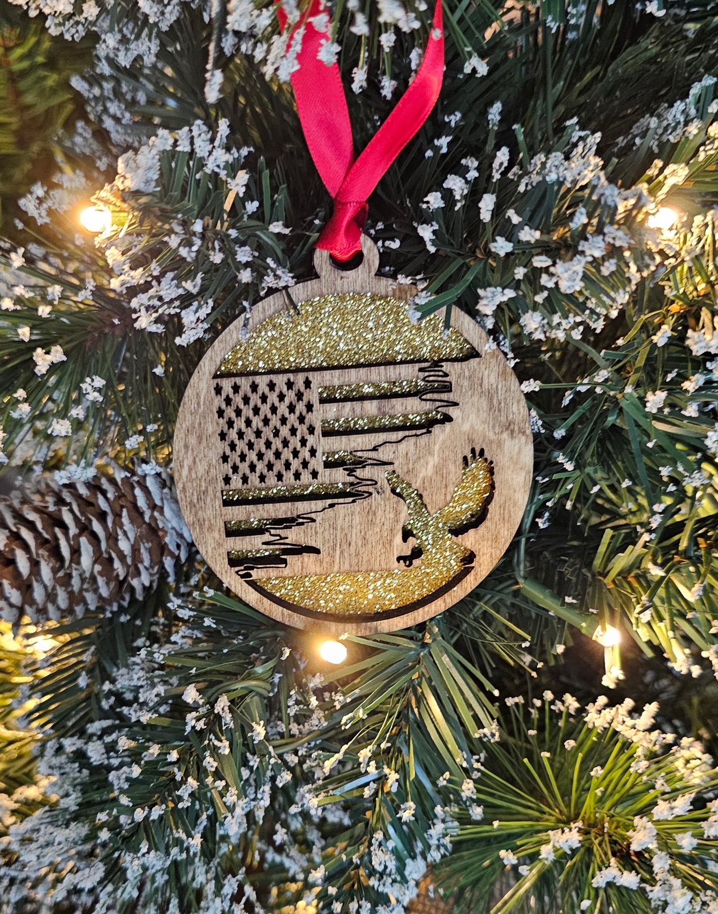 Wood/Glitter Ornaments - US Flag and Eagle