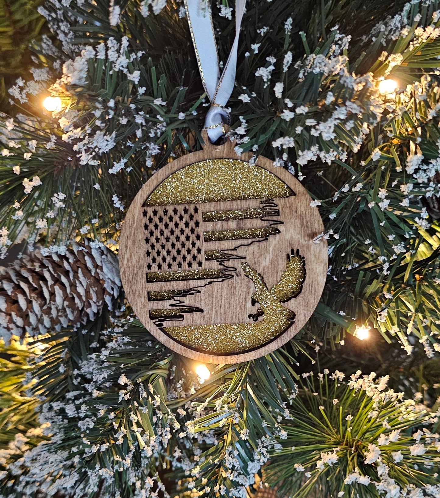 Wood/Glitter Ornaments - US Flag and Eagle