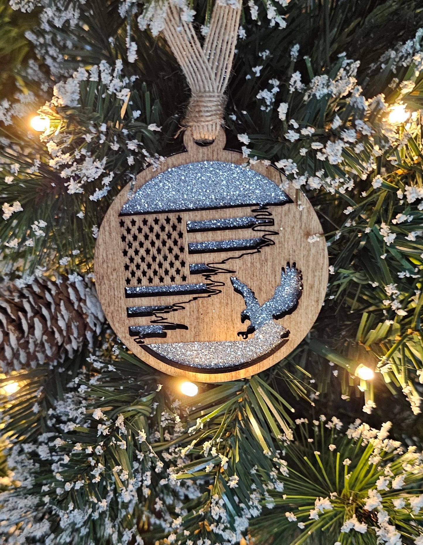 Wood/Glitter Ornaments - US Flag and Eagle