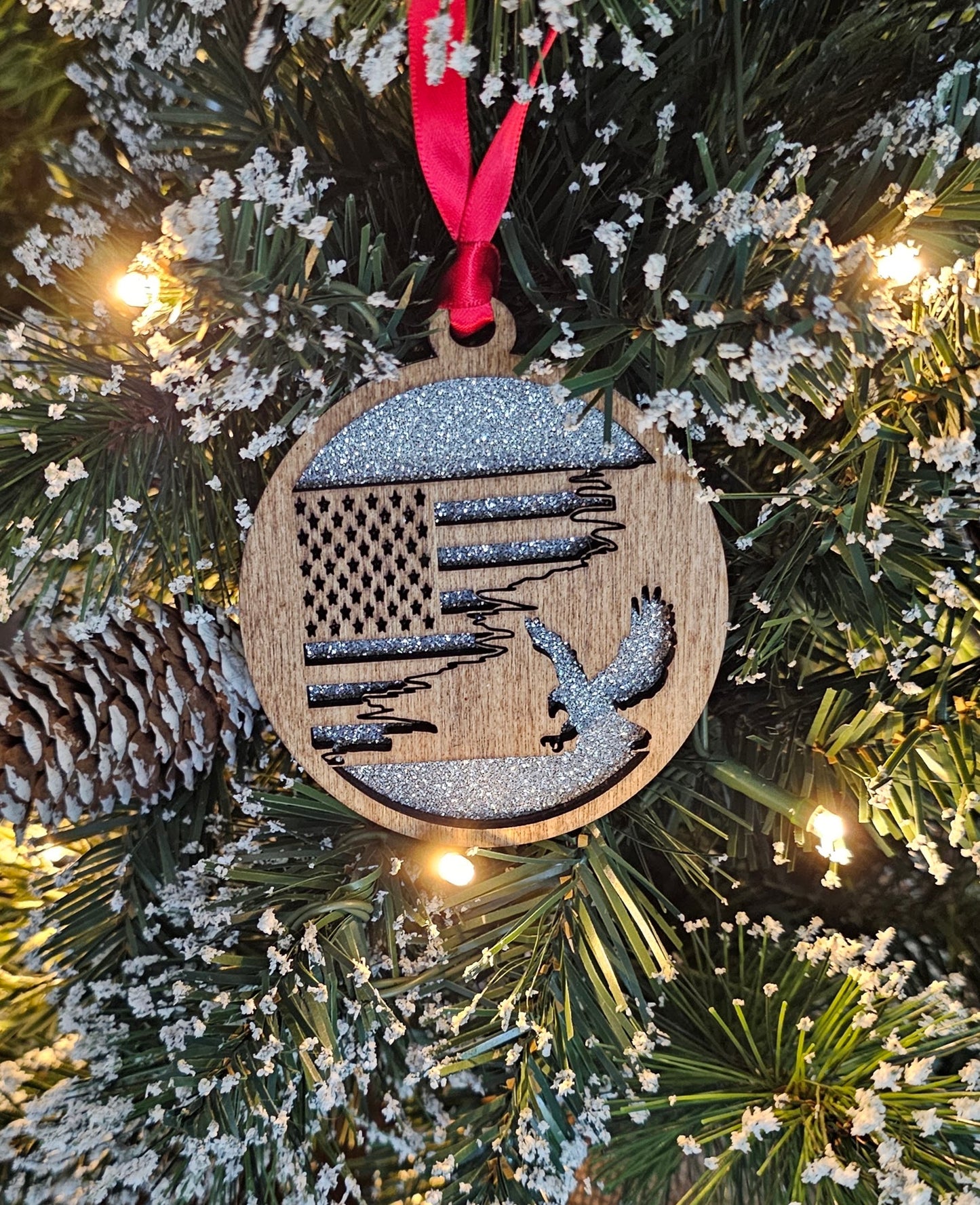 Wood/Glitter Ornaments - US Flag and Eagle