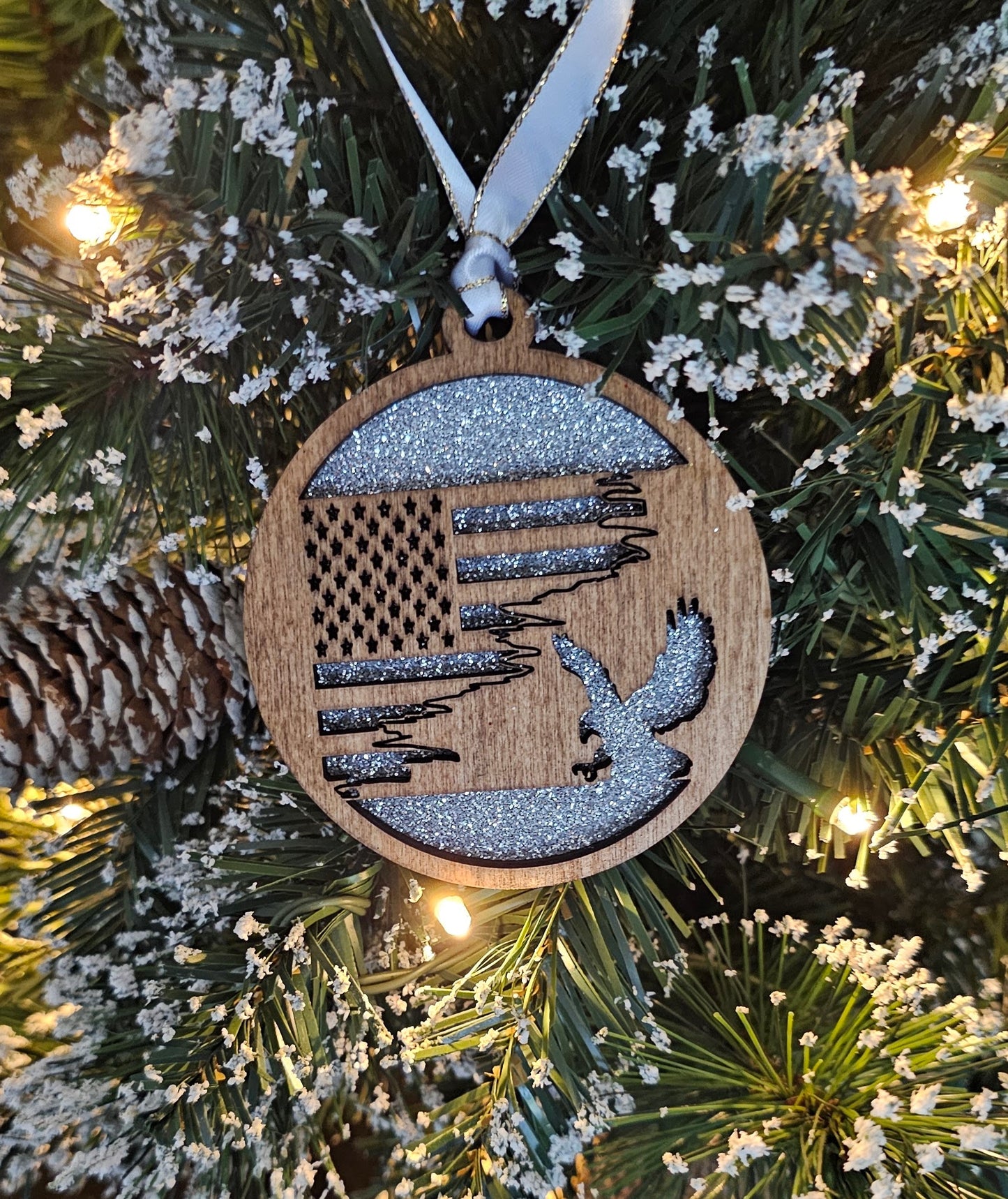 Wood/Glitter Ornaments - US Flag and Eagle