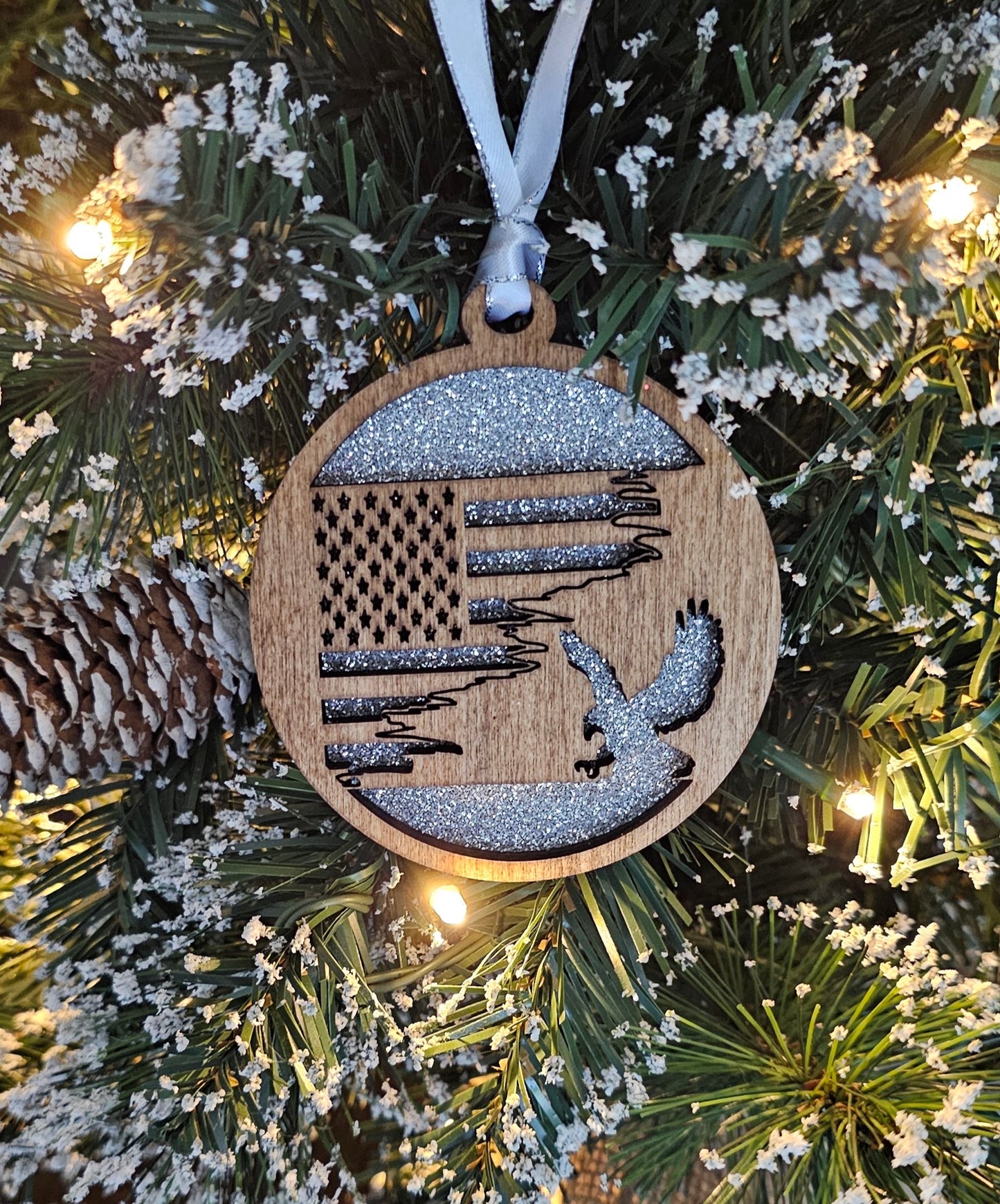 Wood/Glitter Ornaments - US Flag and Eagle